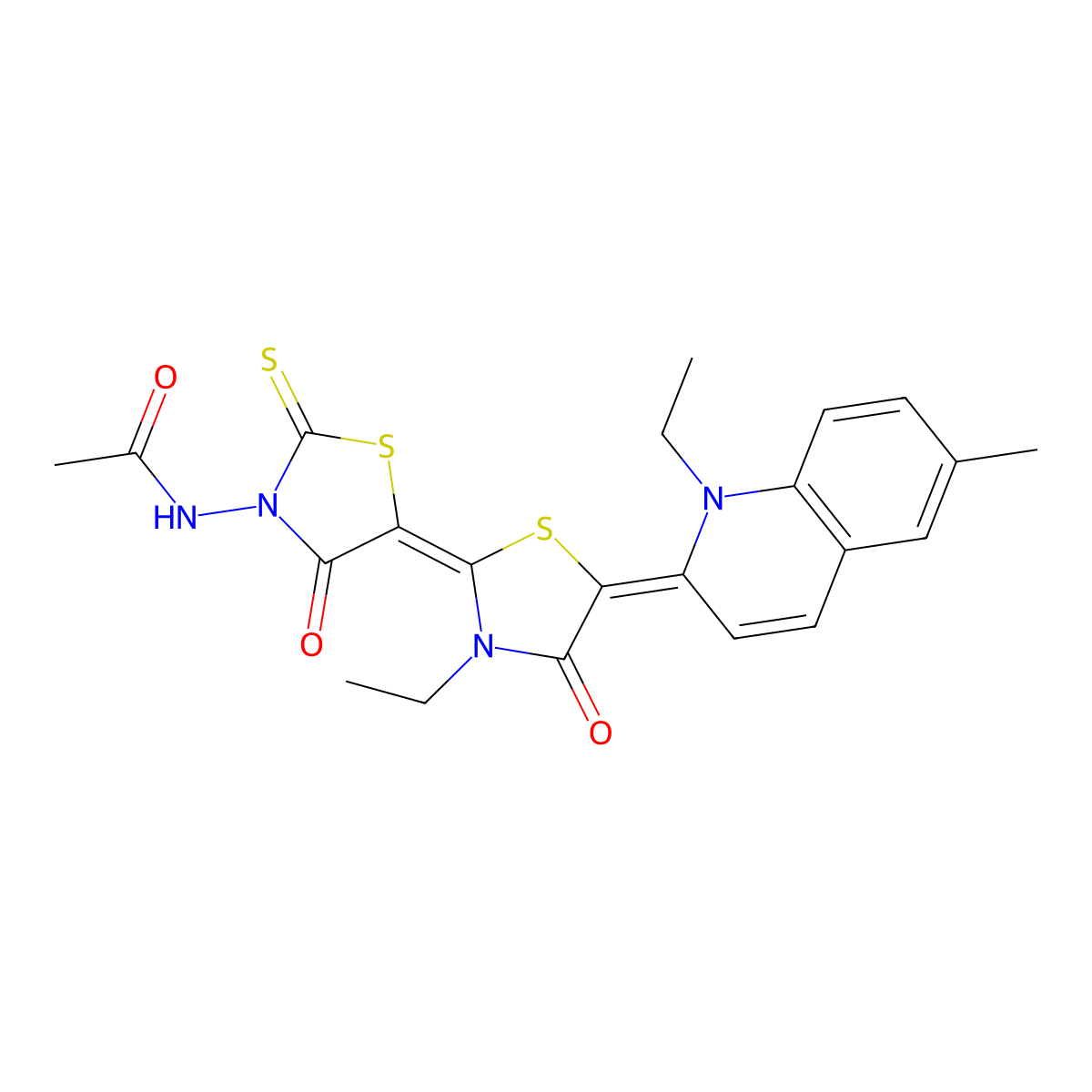 N-[5-[3-Ethyl-5-(1-ethyl-6-methyl-2(1H)-quinolinylidene)-4-oxo-2-thiazolidinylidene]-4-oxo-2-thioxo-3-thiazolidinyl]acetamide molecular structure, CAS 332040-87-6
