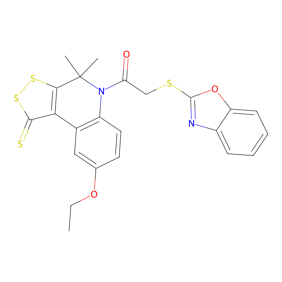 2-(1,3-Benzoxazol-2-ylsulfanyl)-1-(8-ethoxy-4,4-dimethyl-1-sulfanylidenedithiolo[3,4-c]quinolin-5-yl)ethanone molecular structure, CAS 332043-44-4