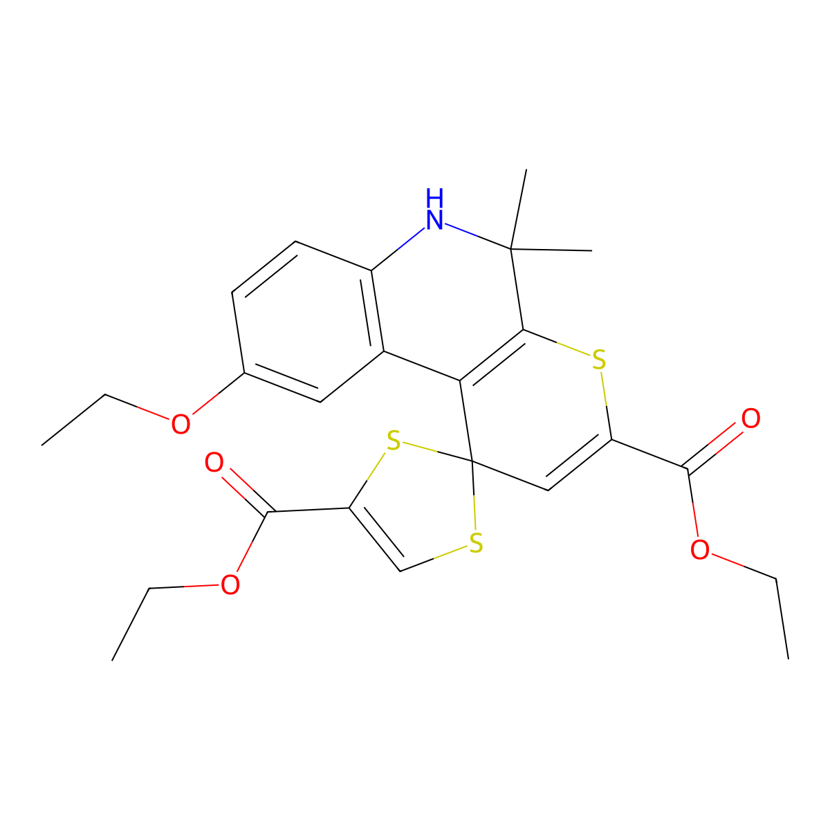 diethyl 9'-ethoxy-5',5'-dimethyl-5',6'-dihydrospiro[1,3-dithiole-2,1'-(1'H)-thiopyrano[2,3-c]quinoline]-3',4-dicarboxylate molecular structure, CAS 332043-55-7