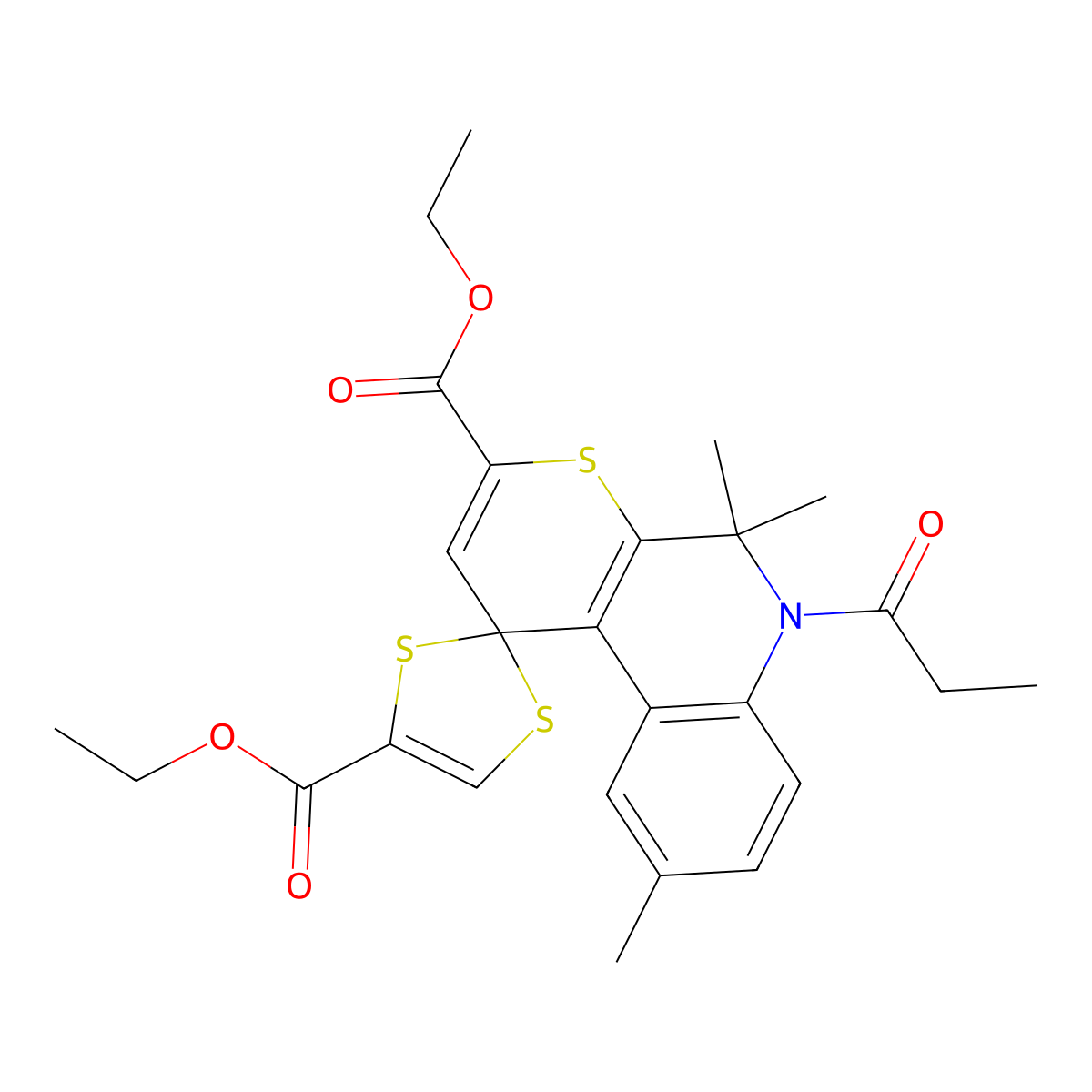Diethyl 5',5',9'-trimethyl-6'-propanoyl-5',6'-dihydrospiro[1,3-dithiole-2,1'-thiopyrano[2,3-c]quinoline]-3',4-dicarboxylate molecular structure, CAS 332043-61-5