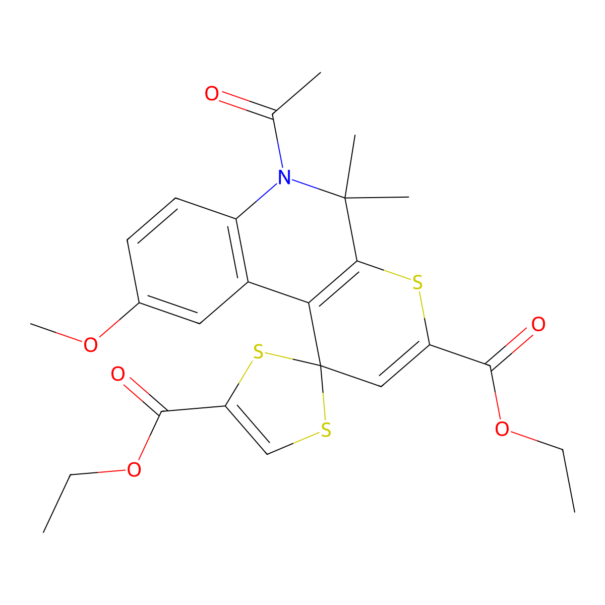 Diethyl 6'-acetyl-9'-methoxy-5',5'-dimethyl-5',6'-dihydrospiro[1,3-dithiole-2,1'-thiopyrano[2,3-c]quinoline]-3',4-dicarboxylate molecular structure, CAS 332043-62-6