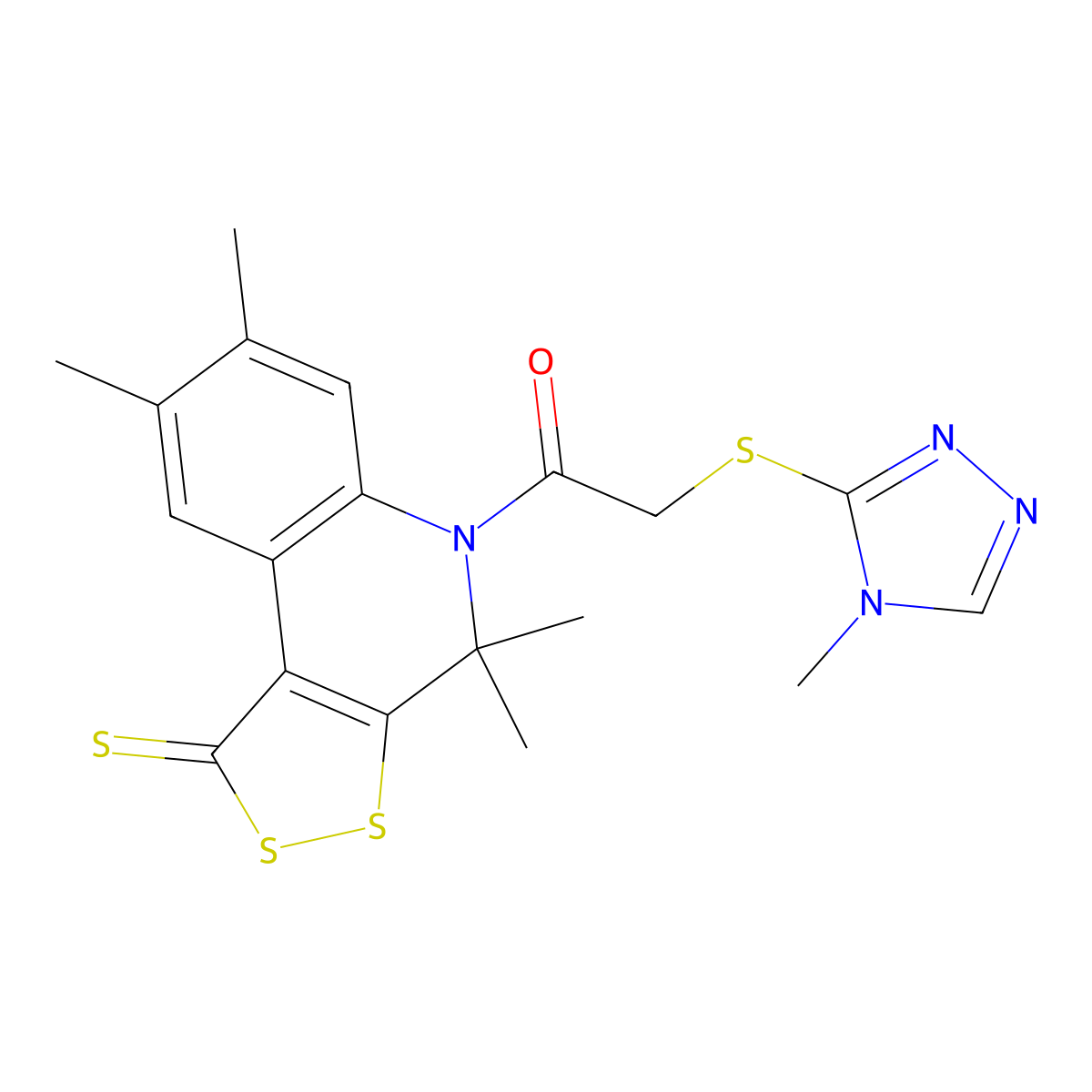 2-[(4-Methyl-1,2,4-triazol-3-yl)sulfanyl]-1-(4,4,7,8-tetramethyl-1-sulfanylidenedithiolo[3,4-c]quinolin-5-yl)ethanone molecular structure, CAS 332043-84-2
