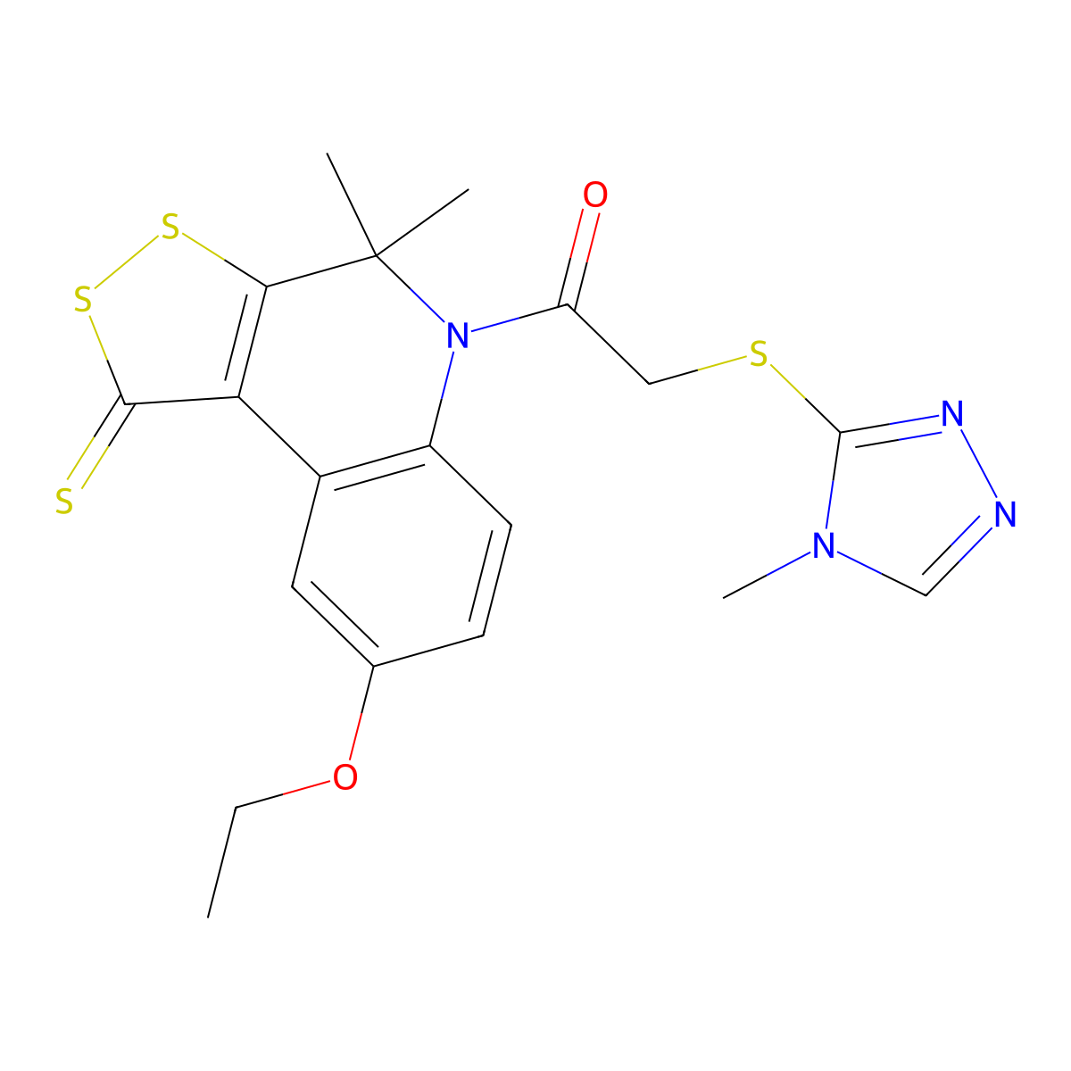 1-(8-Ethoxy-4,4-dimethyl-1-sulfanylidenedithiolo[3,4-c]quinolin-5-yl)-2-[(4-methyl-1,2,4-triazol-3-yl)sulfanyl]ethanone molecular structure, CAS 332043-85-3