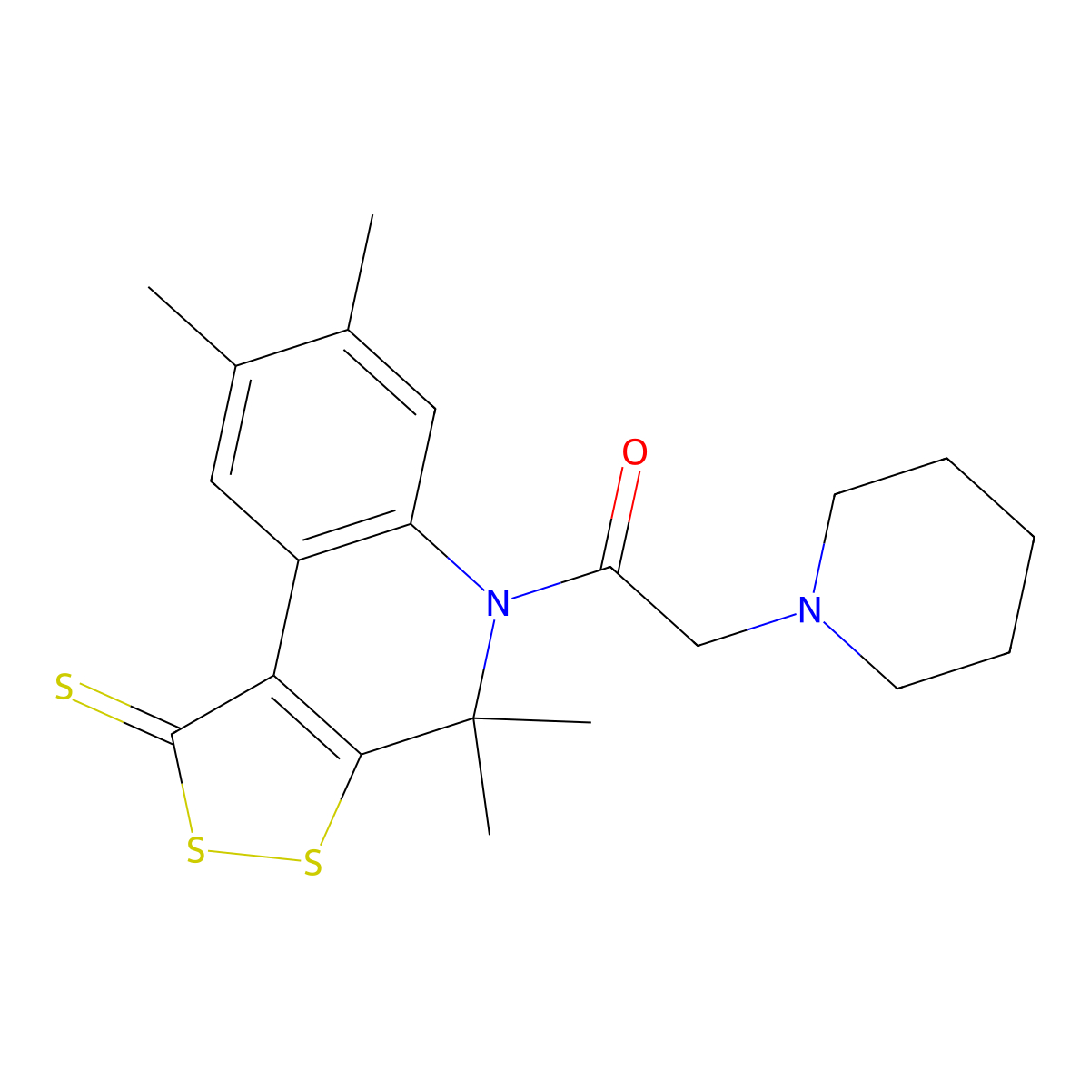 2-(piperidin-1-yl)-1-(4,4,7,8-tetramethyl-1-thioxo-1,4-dihydro-5H-[1,2]dithiolo[3,4-c]quinolin-5-yl)ethanone molecular structure, CAS 332043-87-5