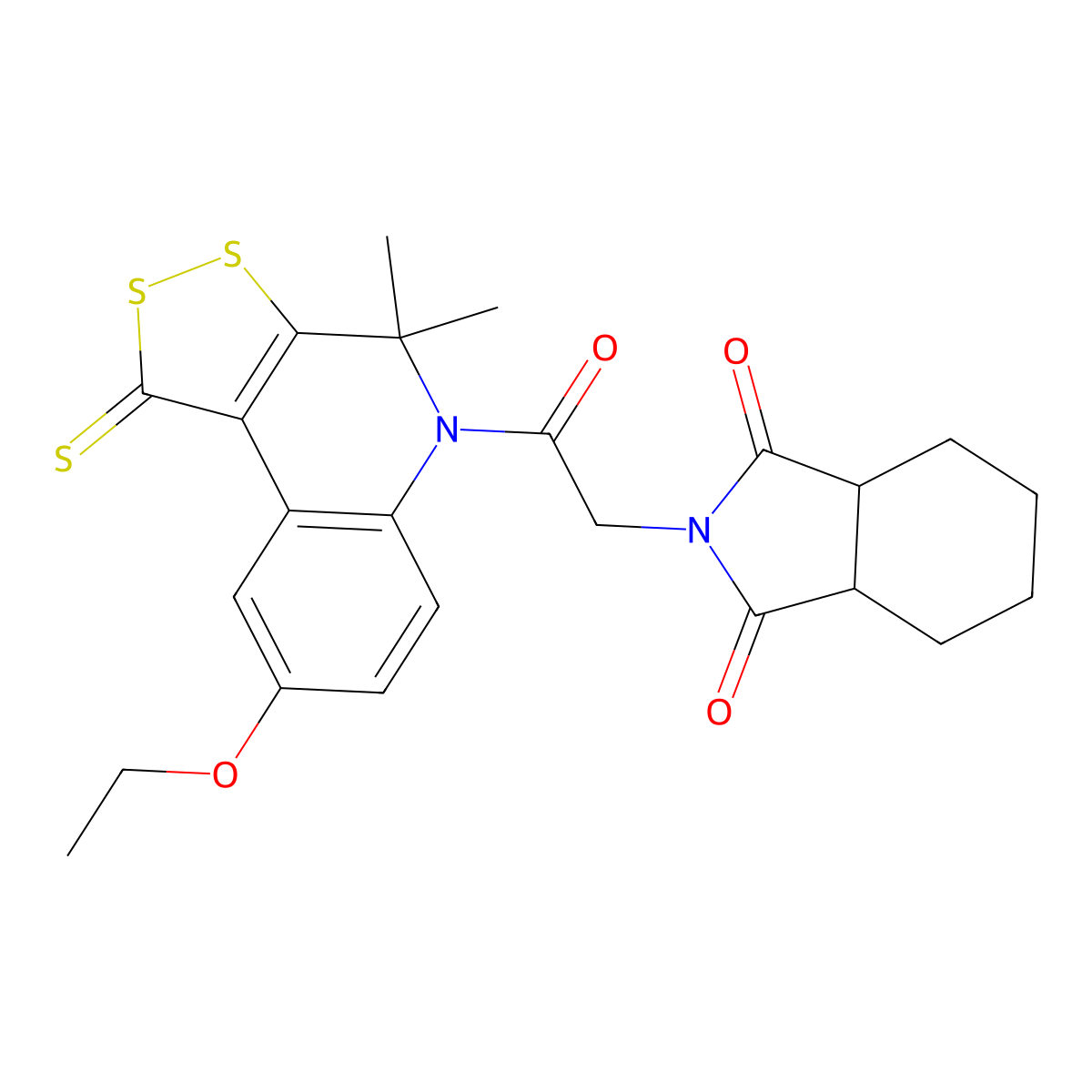 2-[2-(8-ethoxy-4,4-dimethyl-1-thioxo-1,4-dihydro-5H-[1,2]dithiolo[3,4-c]quinolin-5-yl)-2-oxoethyl]hexahydro-1H-isoindole-1,3(2H)-dione molecular structure, CAS 332043-94-4