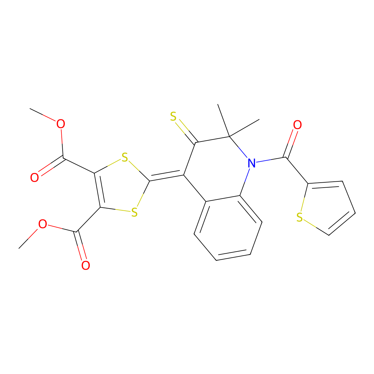 dimethyl 2-(2,2-dimethyl-1-(2-thienylcarbonyl)-3-thioxo-2,3-dihydro-4(1H)-quinolinylidene)-1,3-dithiole-4,5-dicarboxylate molecular structure, CAS 332044-12-9