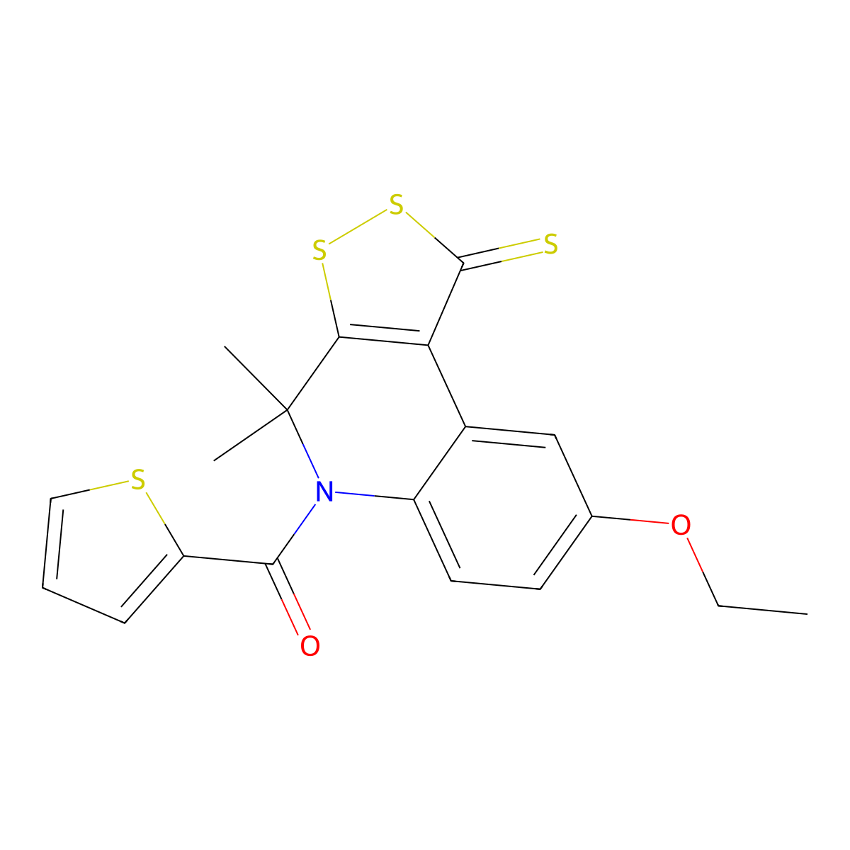 (8-ethoxy-4,4-dimethyl-1-thioxo-1,4-dihydro-5H-[1,2]dithiolo[3,4-c]quinolin-5-yl)(thiophen-2-yl)methanone molecular structure, CAS 332044-14-1