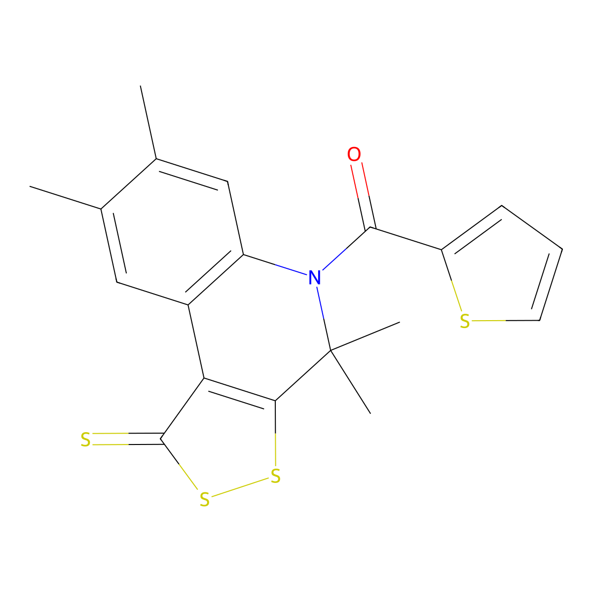 (4,4,7,8-tetramethyl-1-thioxo-1,4-dihydro-5H-[1,2]dithiolo[3,4-c]quinolin-5-yl)(thiophen-2-yl)methanone molecular structure, CAS 332044-16-3