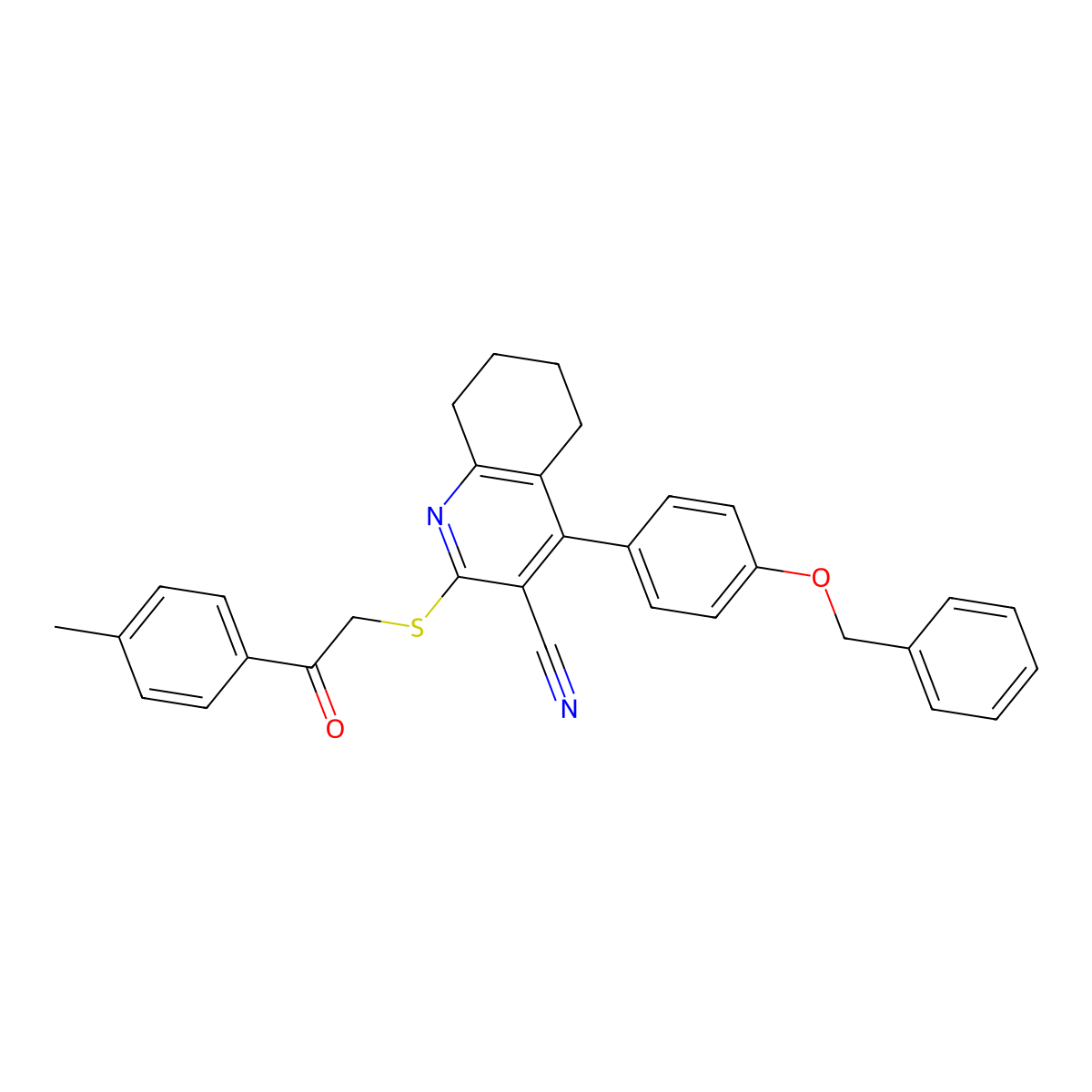 4-(4-(Benzyloxy)phenyl)-2-((2-oxo-2-(p-tolyl)ethyl)thio)-5,6,7,8-tetrahydroquinoline-3-carbonitrile molecular structure, CAS 332045-23-5