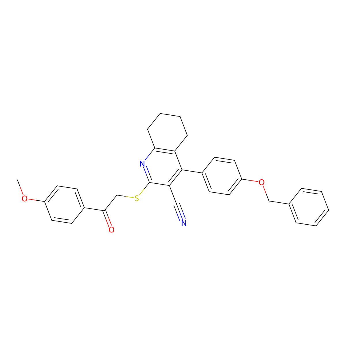4-(4-(Benzyloxy)phenyl)-2-((2-(4-methoxyphenyl)-2-oxoethyl)thio)-5,6,7,8-tetrahydroquinoline-3-carbonitrile molecular structure, CAS 332045-24-6