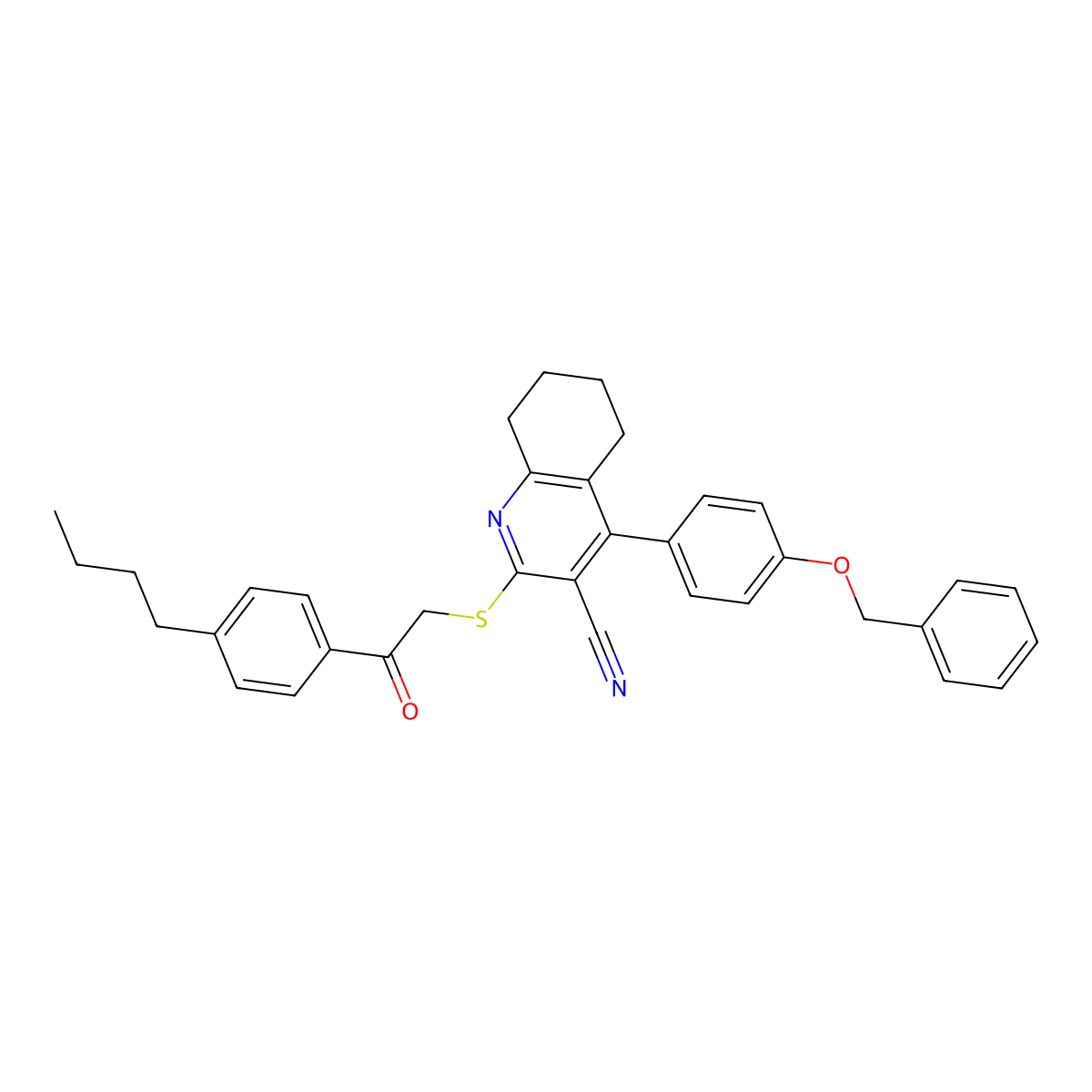 2-[2-(4-Butylphenyl)-2-oxoethyl]sulfanyl-4-(4-phenylmethoxyphenyl)-5,6,7,8-tetrahydroquinoline-3-carbonitrile molecular structure, CAS 332045-25-7