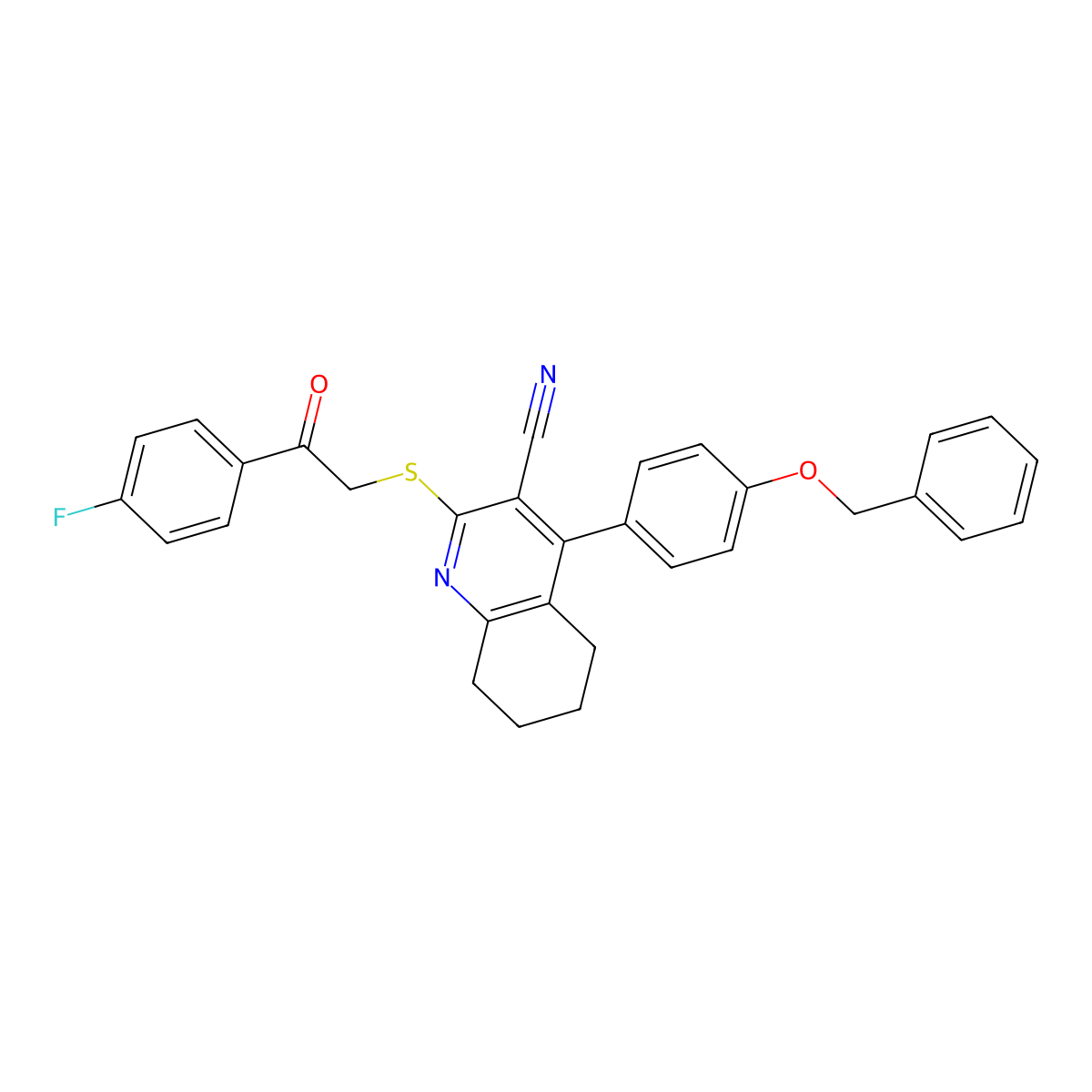 2-[2-(4-Fluorophenyl)-2-oxoethyl]sulfanyl-4-(4-phenylmethoxyphenyl)-5,6,7,8-tetrahydroquinoline-3-carbonitrile molecular structure, CAS 332045-27-9