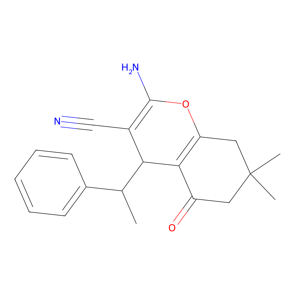 2-amino-7,7-dimethyl-5-oxo-4-(1-phenylethyl)-5,6,7,8-tetrahydro-4H-chromene-3-carbonitrile molecular structure, CAS 332045-34-8
