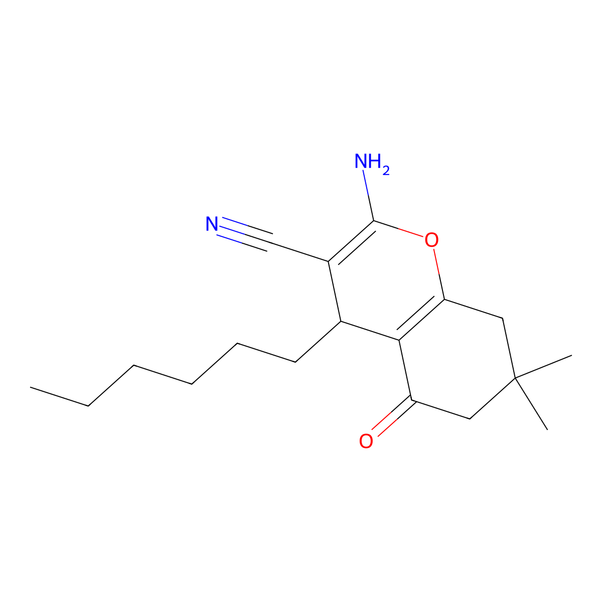2-amino-4-hexyl-7,7-dimethyl-5-oxo-5,6,7,8-tetrahydro-4H-chromene-3-carbonitrile molecular structure, CAS 332045-52-0