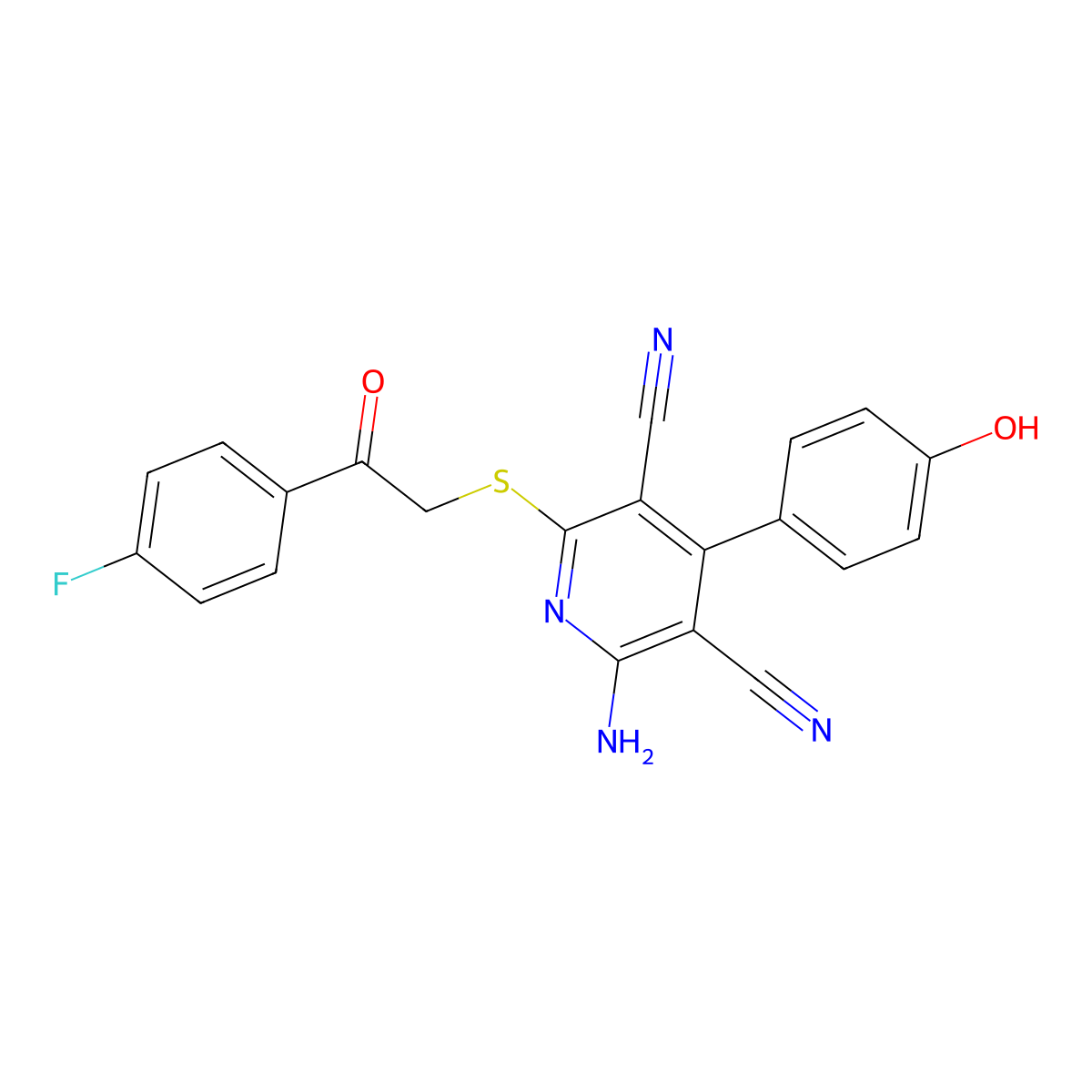 2-Amino-6-((2-(4-fluorophenyl)-2-oxoethyl)thio)-4-(4-hydroxyphenyl)pyridine-3,5-dicarbonitrile molecular structure, CAS 332045-61-1