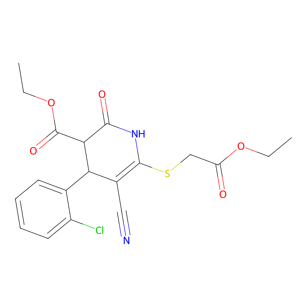 Ethyl 4-(2-chlorophenyl)-5-cyano-6-[(2-ethoxy-2-oxoethyl)sulfanyl]-2-oxo-1,2,3,4-tetrahydropyridine-3-carboxylate molecular structure, CAS 332045-83-7
