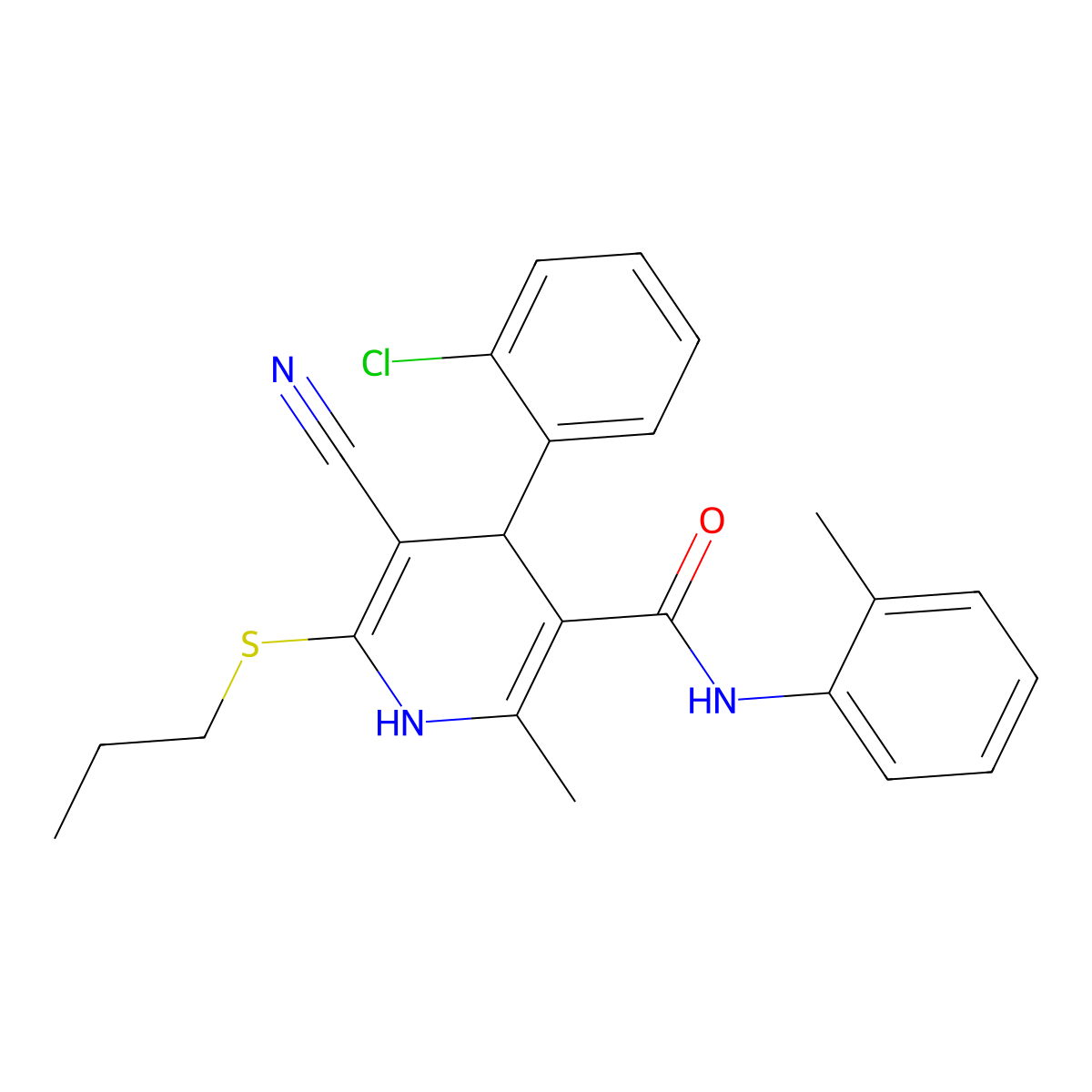 4-(2-chlorophenyl)-5-cyano-2-methyl-N-(2-methylphenyl)-6-(propylsulfanyl)-1,4-dihydropyridine-3-carboxamide molecular structure, CAS 332045-85-9