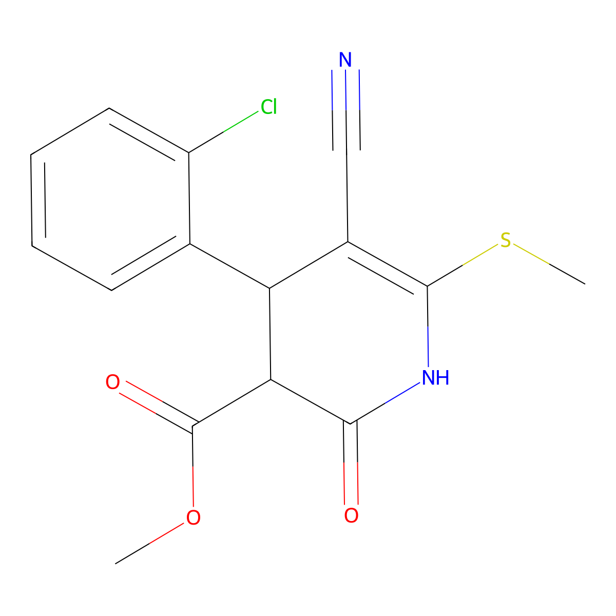 Methyl 4-(2-chlorophenyl)-5-cyano-6-(methylsulfanyl)-2-oxo-1,2,3,4-tetrahydropyridine-3-carboxylate molecular structure, CAS 332045-86-0