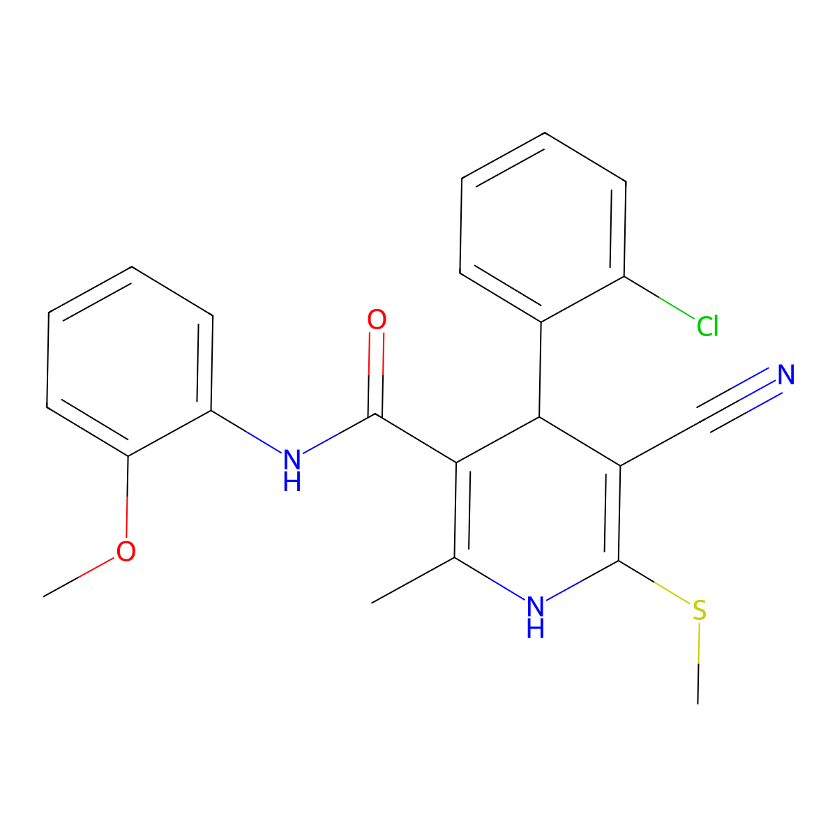 4-(2-chlorophenyl)-5-cyano-N-(2-methoxyphenyl)-2-methyl-6-(methylsulfanyl)-1,4-dihydropyridine-3-carboxamide molecular structure, CAS 332045-88-2