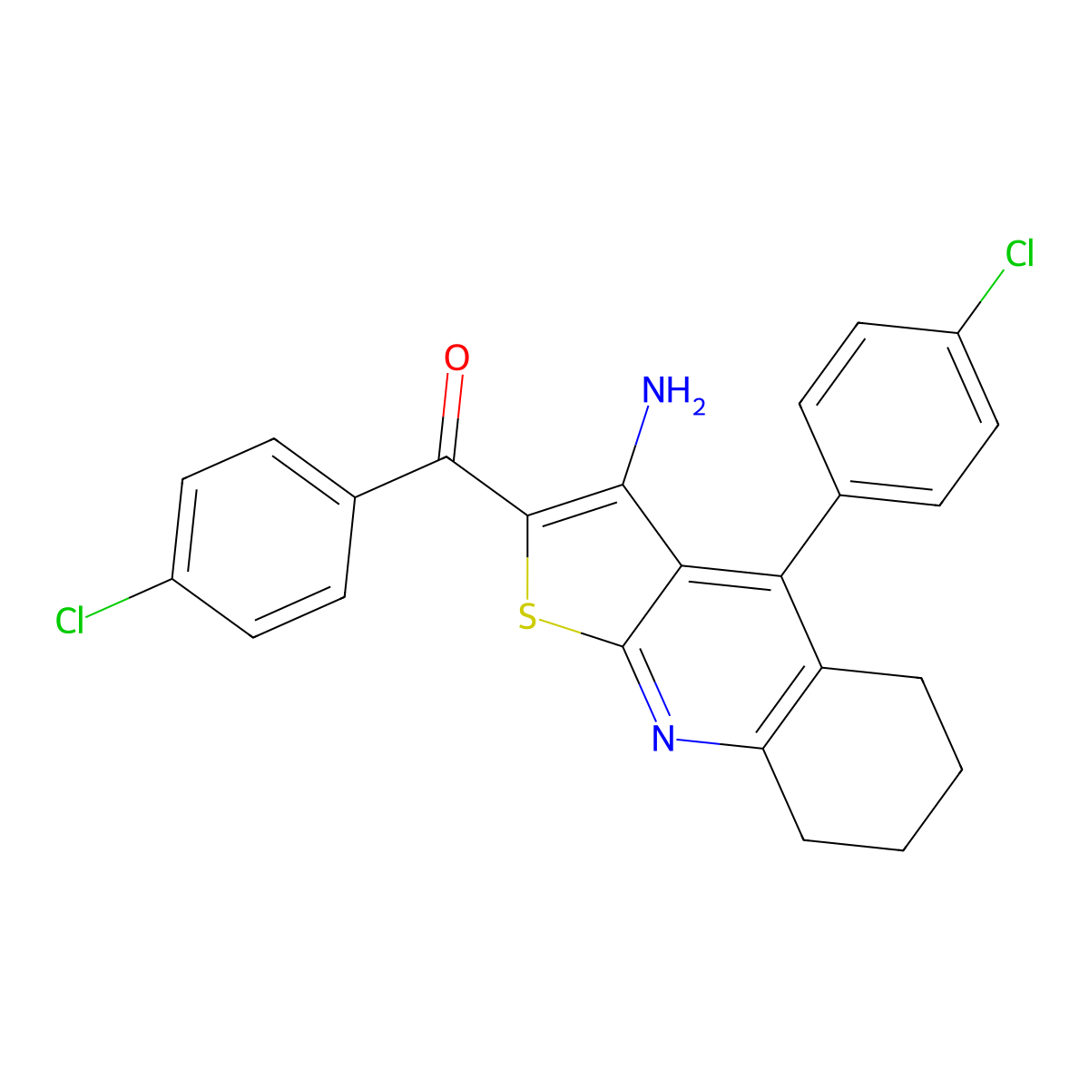 (3-Amino-4-(4-chlorophenyl)-5,6,7,8-tetrahydrothieno[2,3-b]quinolin-2-yl)(4-chlorophenyl)methanone molecular structure, CAS 332045-93-9