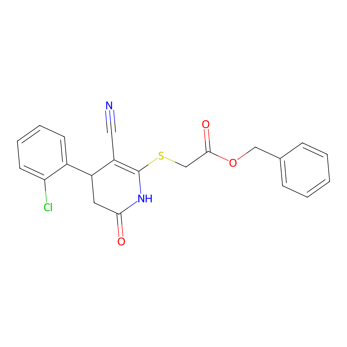 Benzyl {[4-(2-chlorophenyl)-3-cyano-6-oxo-1,4,5,6-tetrahydropyridin-2-yl]sulfanyl}acetate molecular structure, CAS 332045-96-2