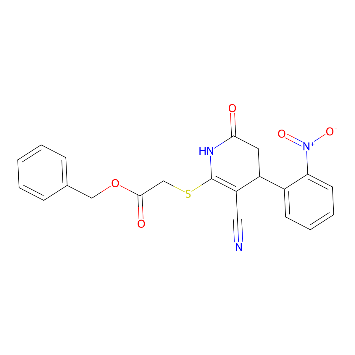 Benzyl {[3-cyano-6-hydroxy-4-(2-nitrophenyl)-4,5-dihydropyridin-2-yl]sulfanyl}acetate molecular structure, CAS 332046-01-2