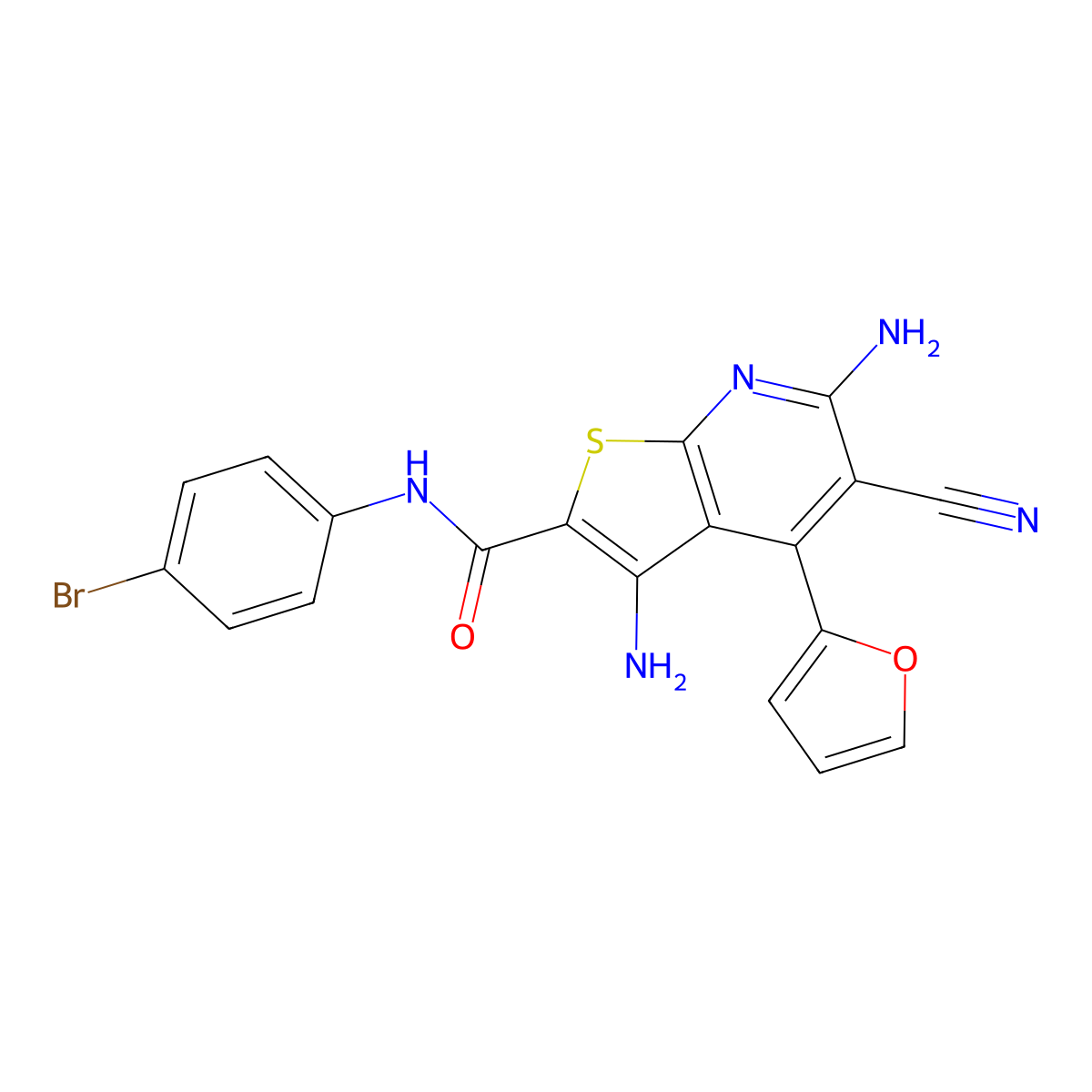 3,6-diamino-N-(4-bromophenyl)-5-cyano-4-(furan-2-yl)thieno[2,3-b]pyridine-2-carboxamide molecular structure, CAS 332046-11-4