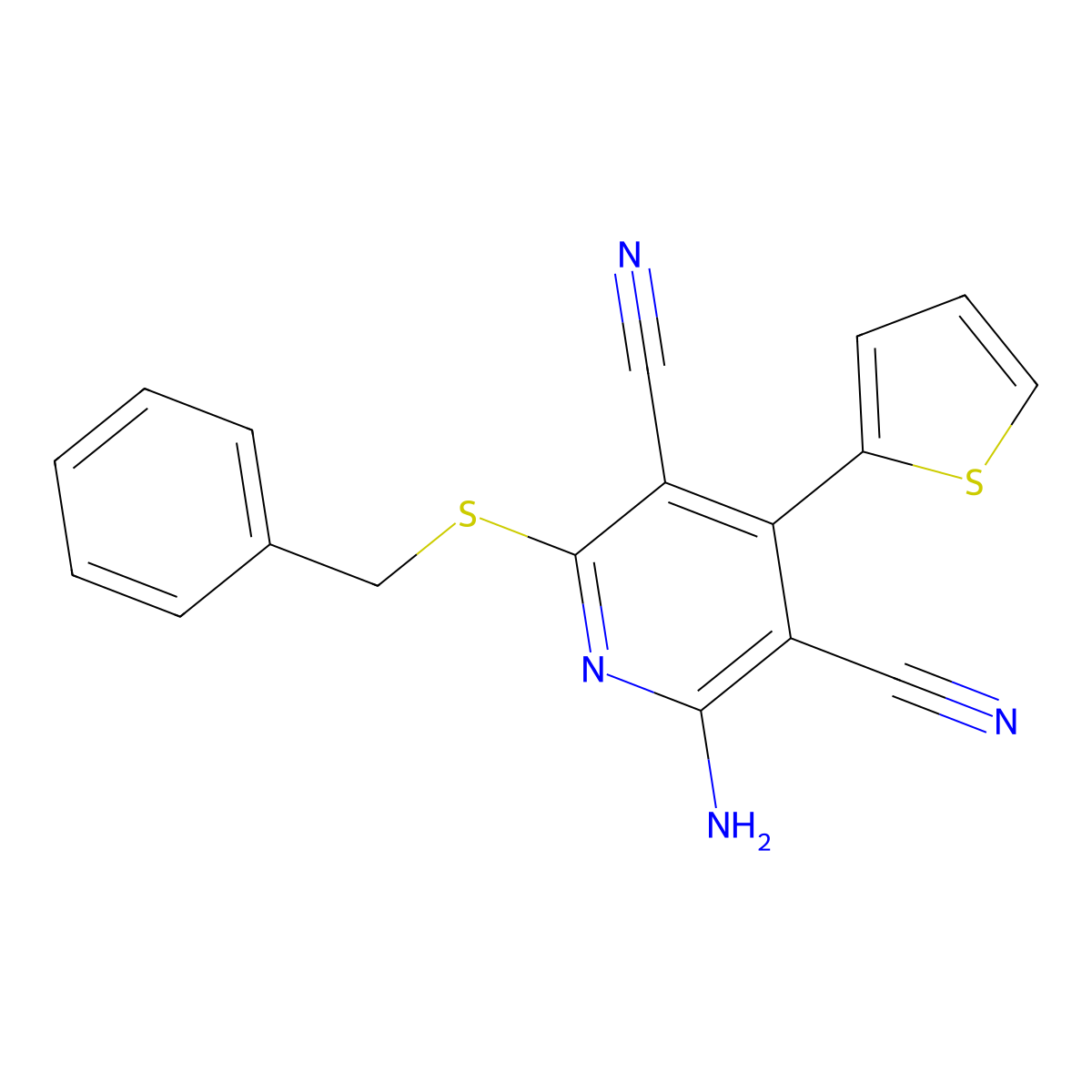 2-Amino-6-(benzylsulfanyl)-4-(thiophen-2-yl)pyridine-3,5-dicarbonitrile molecular structure, CAS 332046-12-5