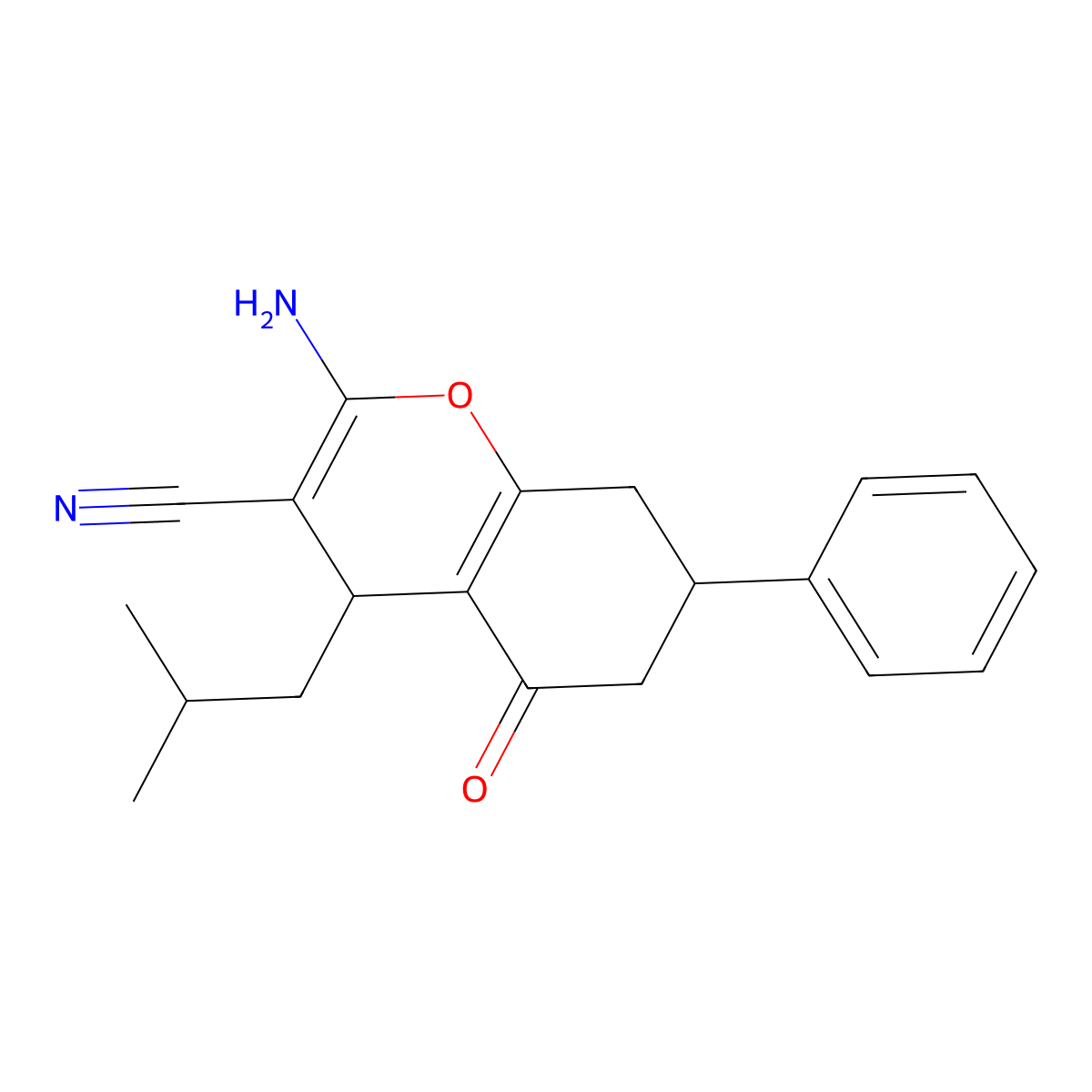 2-Amino-4-isobutyl-5-oxo-7-phenyl-5,6,7,8-tetrahydro-4H-chromene-3-carbonitrile molecular structure, CAS 332050-53-0