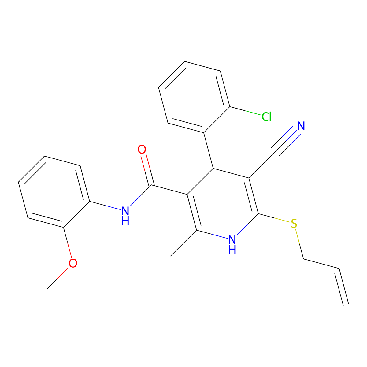 6-(allylthio)-4-(2-chlorophenyl)-5-cyano-N-(2-methoxyphenyl)-2-methyl-1,4-dihydropyridine-3-carboxamide molecular structure, CAS 332050-57-4