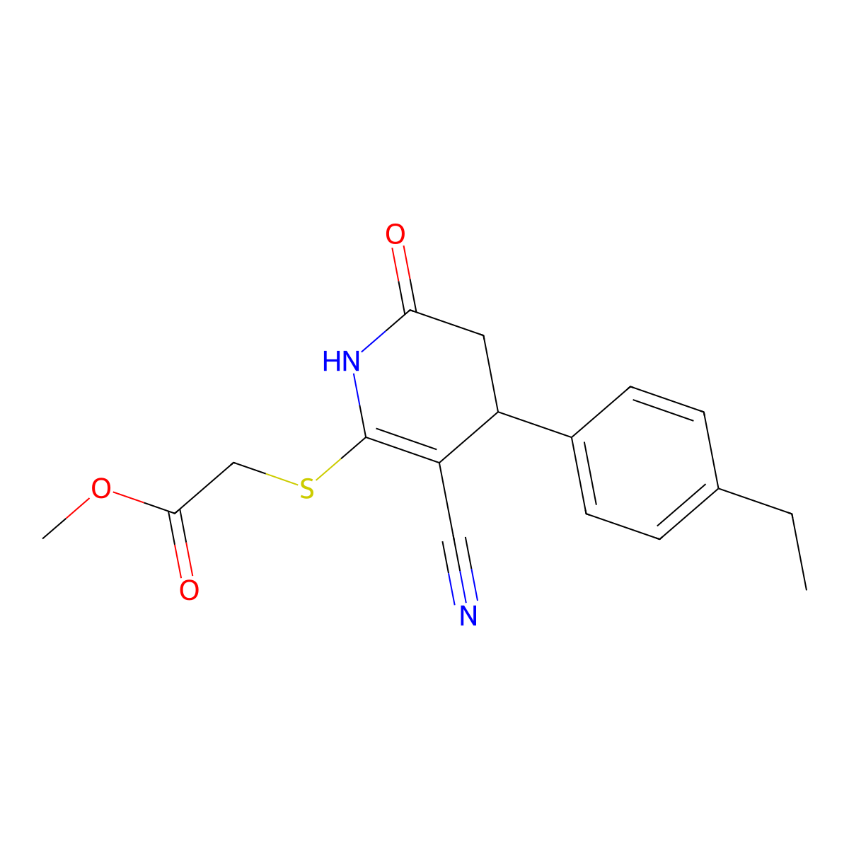 Methyl 2-((3-cyano-4-(4-ethylphenyl)-6-oxo-1,4,5,6-tetrahydropyridin-2-yl)thio)acetate molecular structure, CAS 332050-69-8