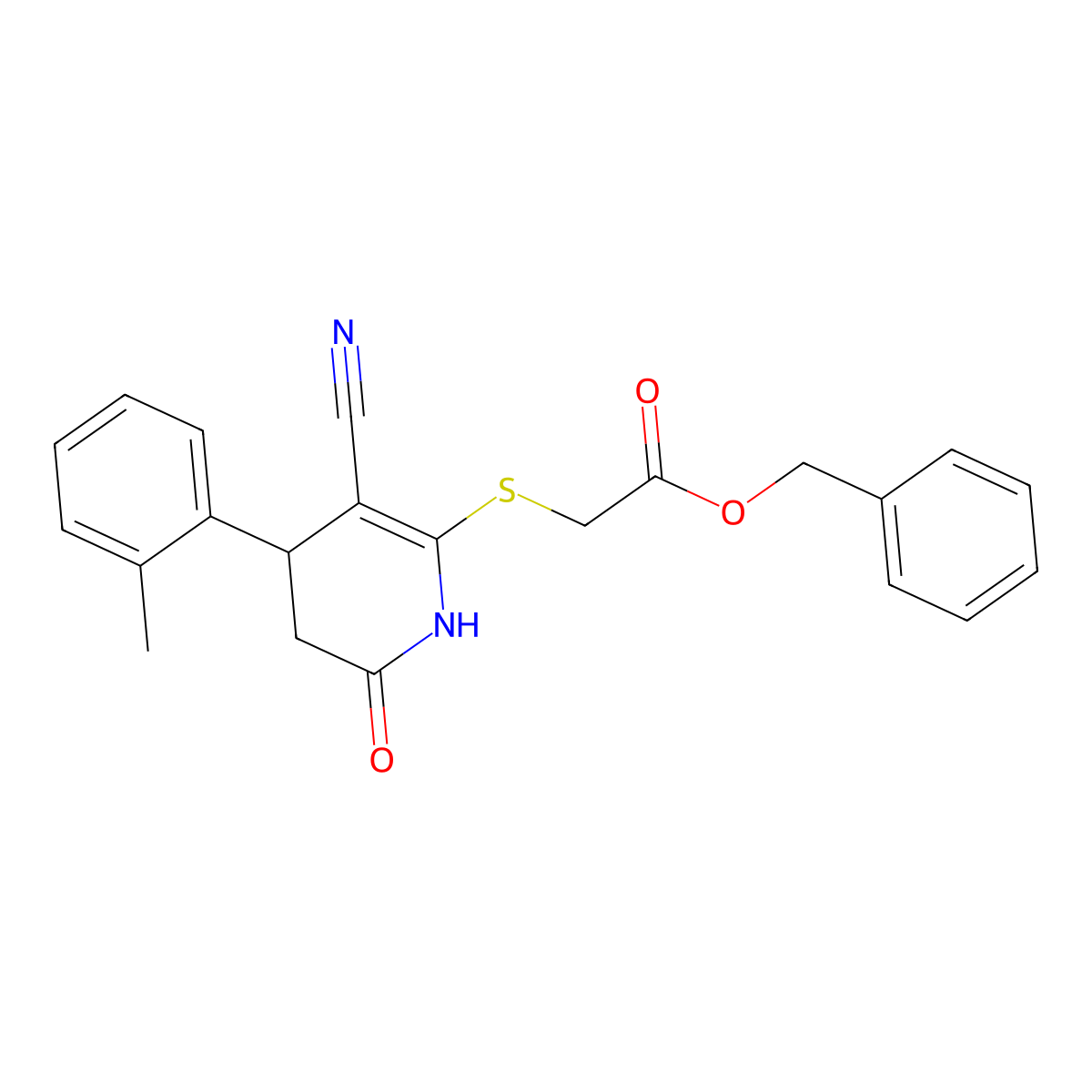 Benzyl 2-{[3-cyano-4-(2-methylphenyl)-6-oxo-1,4,5,6-tetrahydropyridin-2-yl]sulfanyl}acetate molecular structure, CAS 332050-82-5