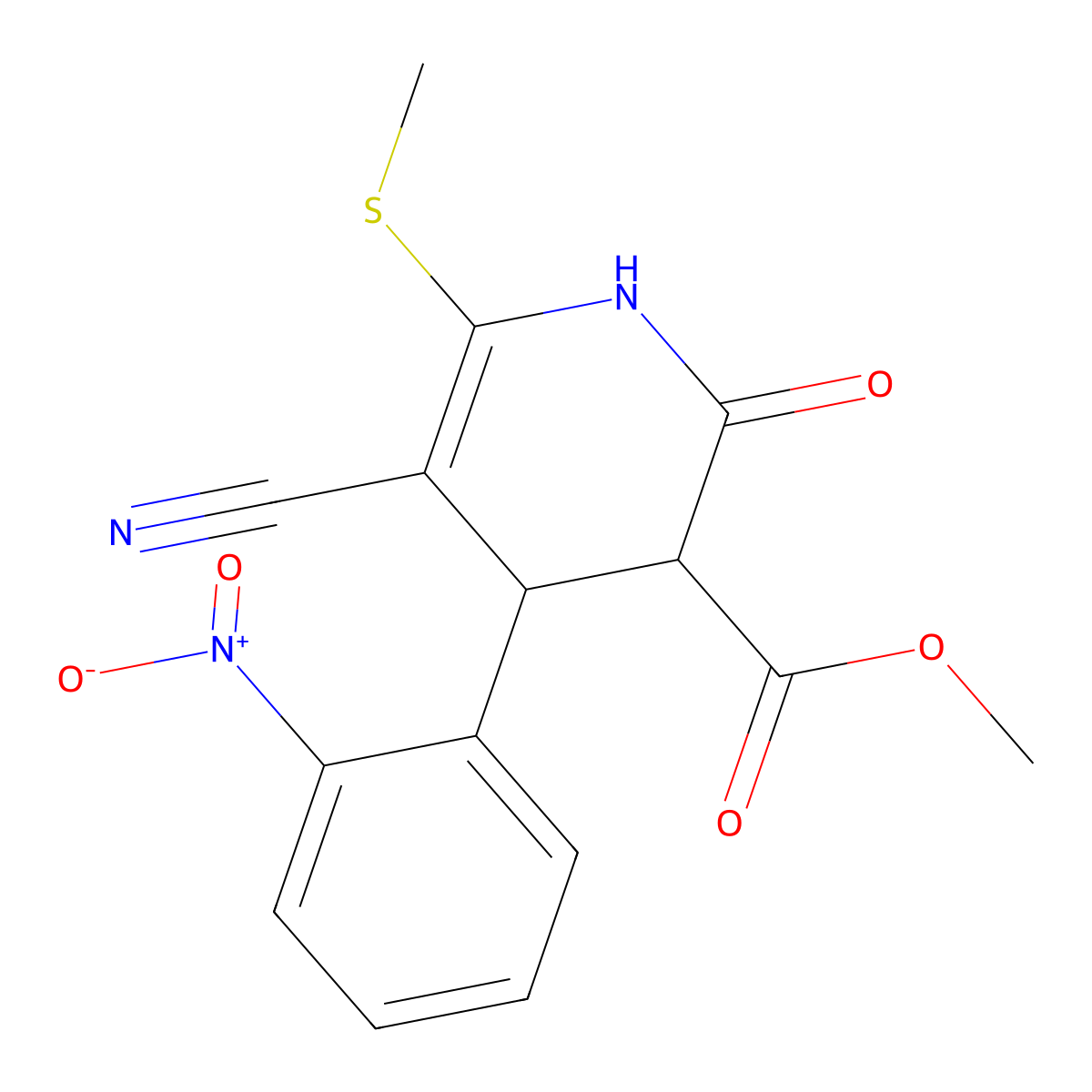 Methyl 5-cyano-6-(methylsulfanyl)-4-(2-nitrophenyl)-2-oxo-1,2,3,4-tetrahydropyridine-3-carboxylate molecular structure, CAS 332050-89-2