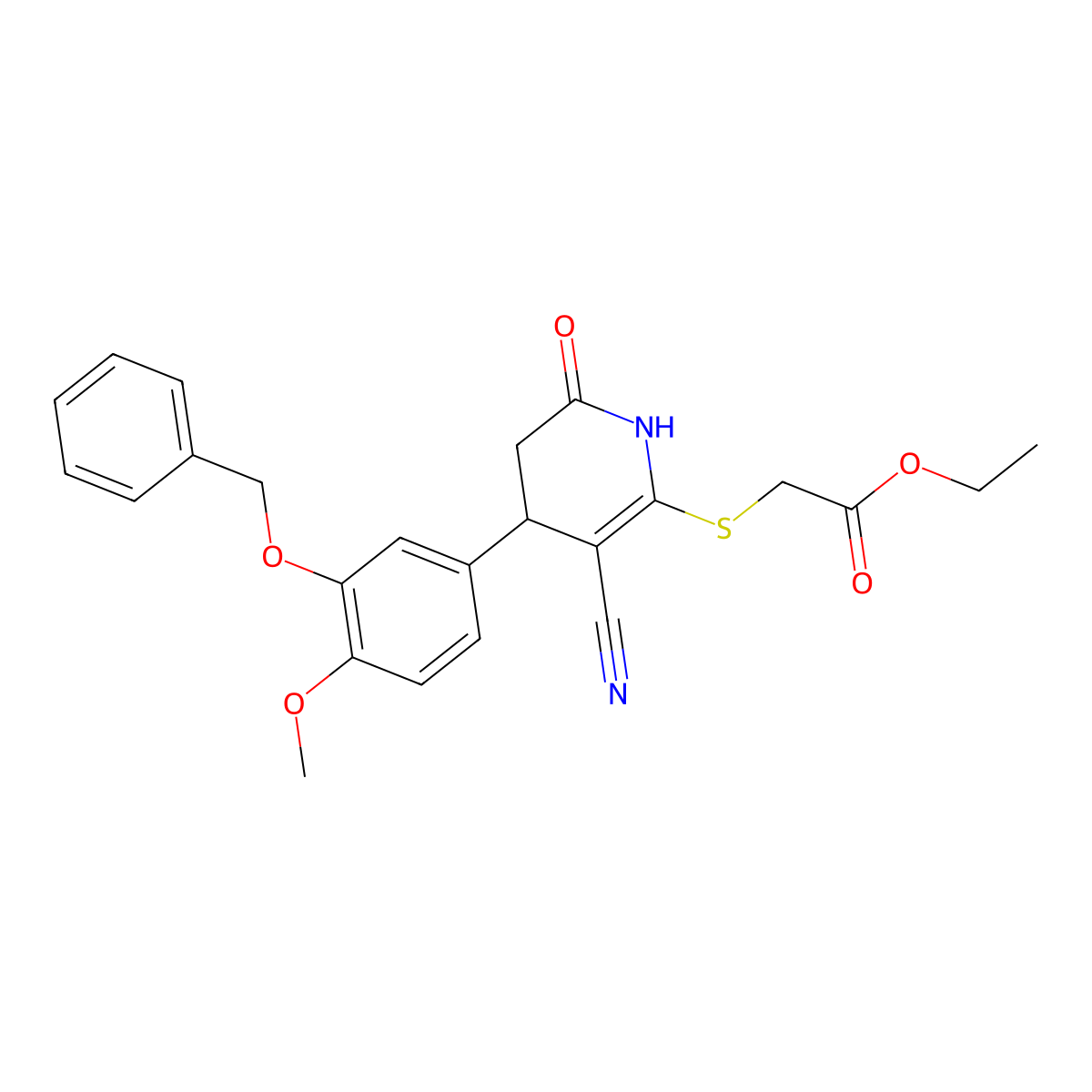 Ethyl 2-((4-(3-(benzyloxy)-4-methoxyphenyl)-3-cyano-6-oxo-1,4,5,6-tetrahydropyridin-2-yl)thio)acetate molecular structure, CAS 332051-17-9