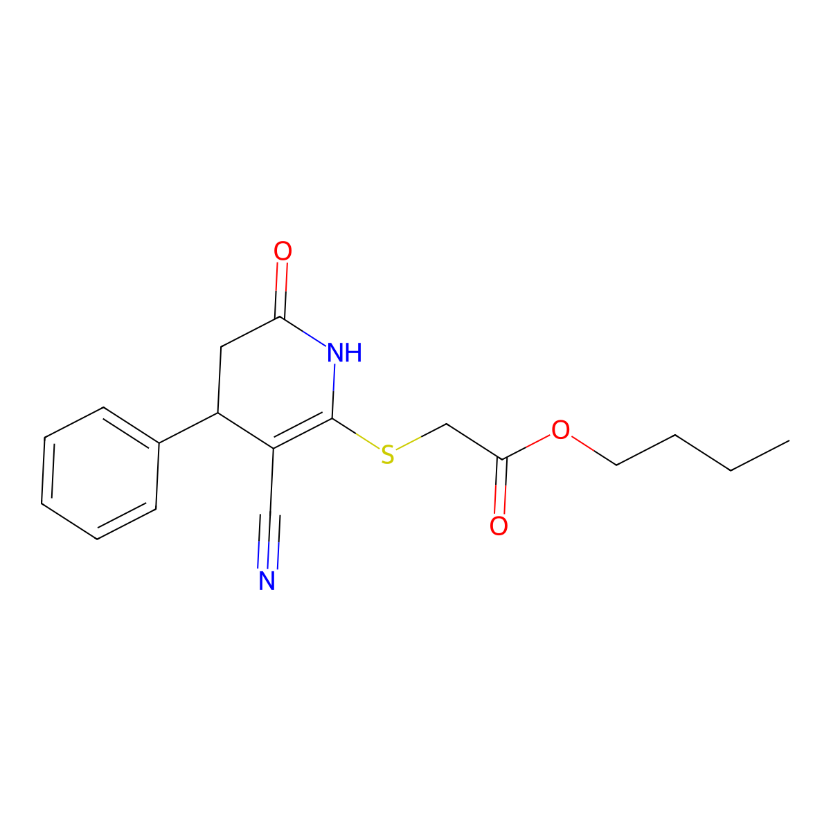 Butyl 2-((3-cyano-6-oxo-4-phenyl-1,4,5,6-tetrahydropyridin-2-yl)thio)acetate molecular structure, CAS 332051-22-6