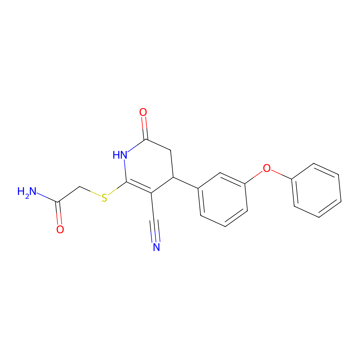 2-((3-Cyano-6-oxo-4-(3-phenoxyphenyl)-1,4,5,6-tetrahydropyridin-2-yl)thio)acetamide molecular structure, CAS 332051-36-2