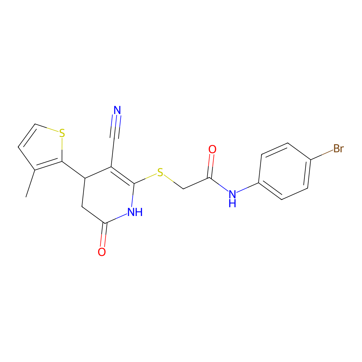 N-(4-bromophenyl)-2-[[5-cyano-4-(3-methylthiophen-2-yl)-2-oxo-3,4-dihydro-1H-pyridin-6-yl]sulfanyl]acetamide molecular structure, CAS 332051-39-5