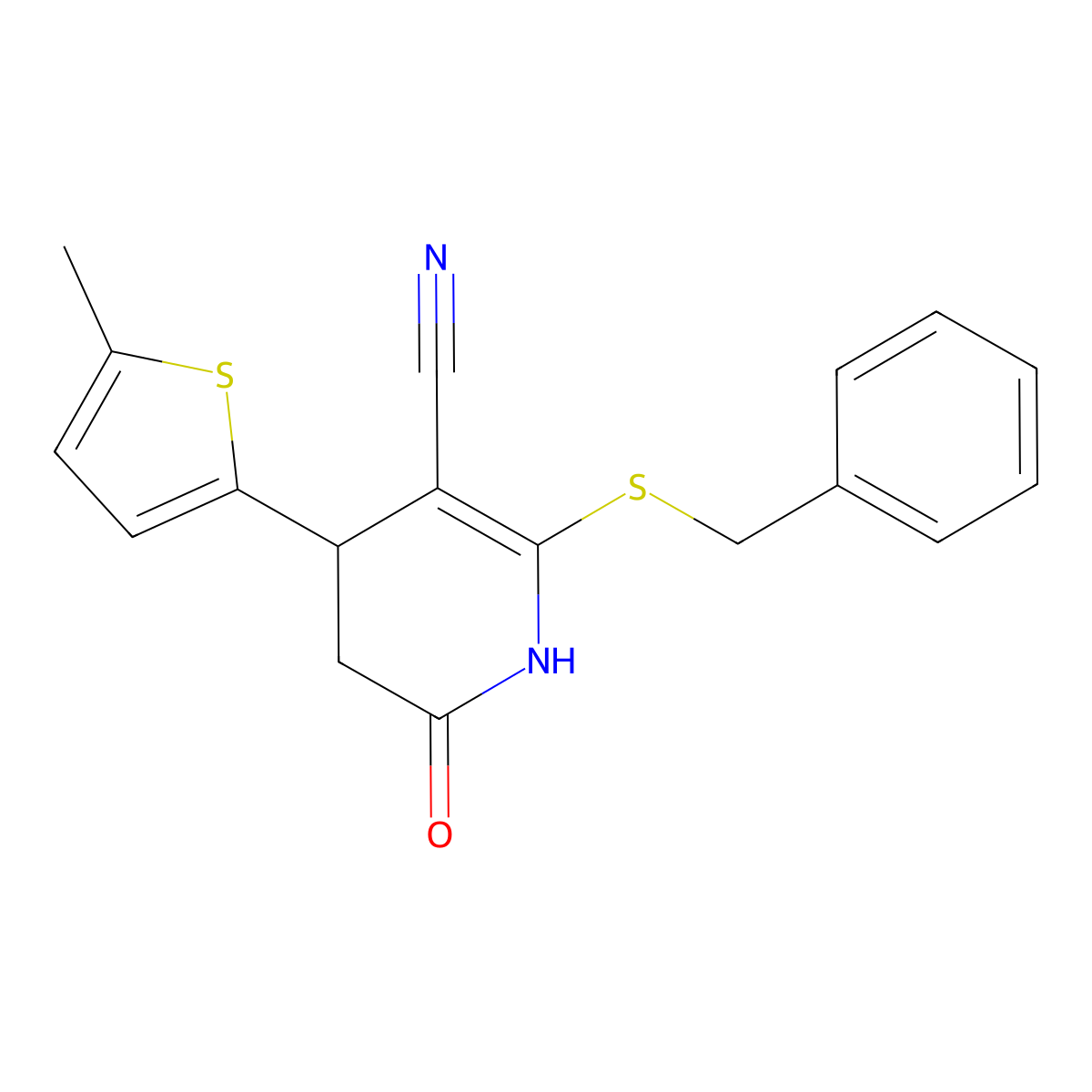 2-(Benzylsulfanyl)-4-(5-methyl-2-thienyl)-6-oxo-1,4,5,6-tetrahydro-3-pyridinecarbonitrile molecular structure, CAS 332051-46-4