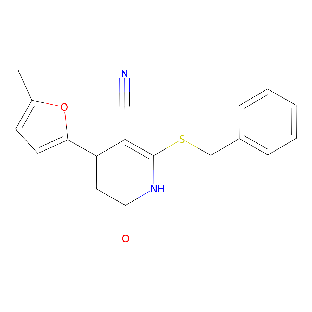 6-benzylsulfanyl-4-(5-methylfuran-2-yl)-2-oxo-3,4-dihydro-1H-pyridine-5-carbonitrile molecular structure, CAS 332051-52-2
