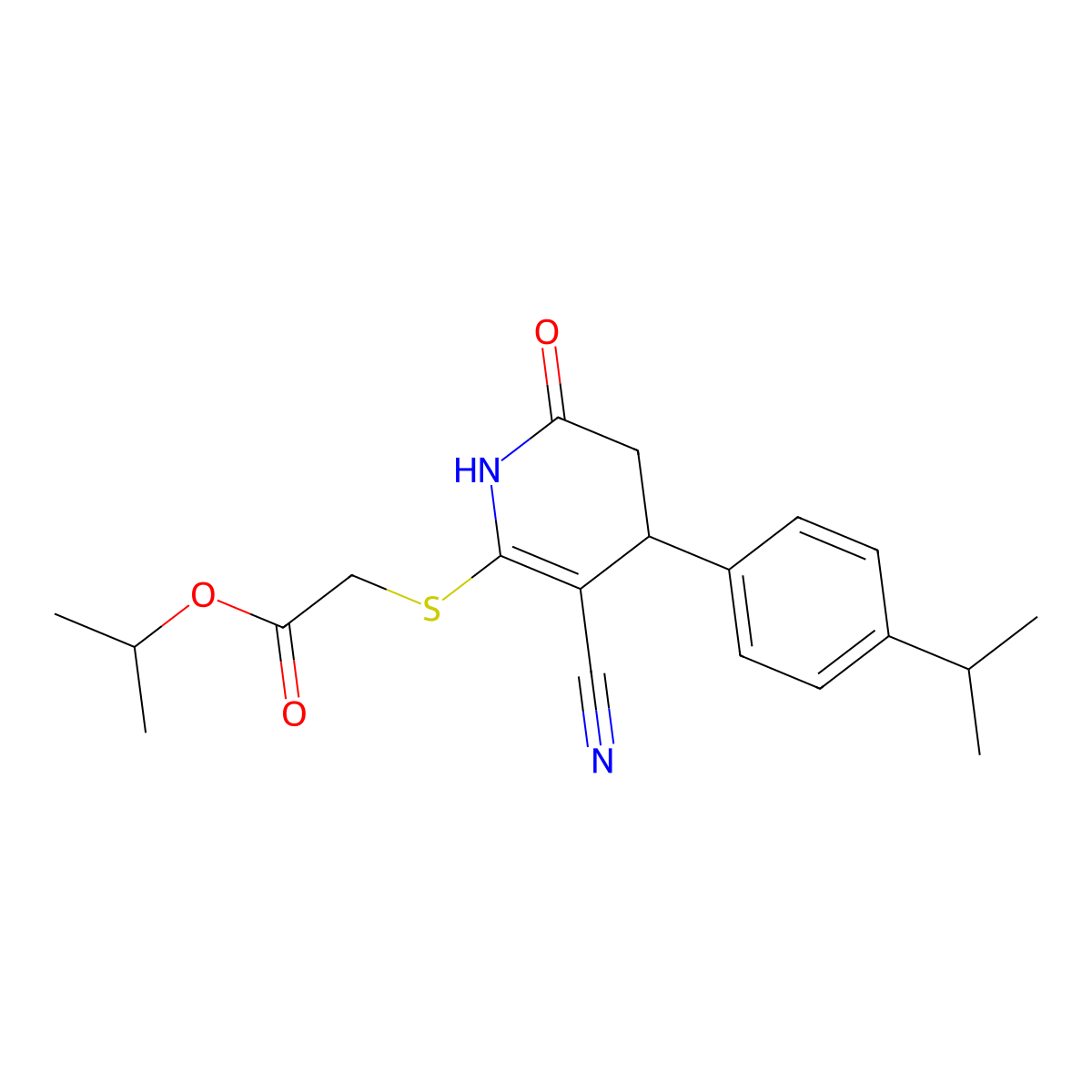 Isopropyl 2-((3-cyano-4-(4-isopropylphenyl)-6-oxo-1,4,5,6-tetrahydropyridin-2-yl)thio)acetate molecular structure, CAS 332051-60-2