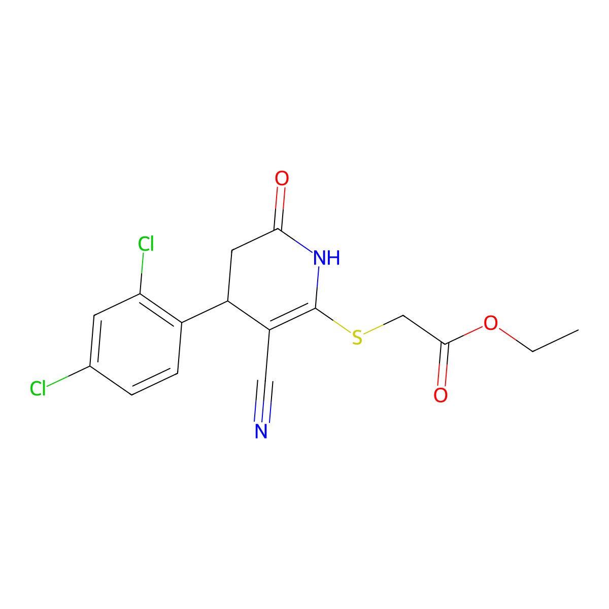Ethyl 2-((3-cyano-4-(2,4-dichlorophenyl)-6-oxo-1,4,5,6-tetrahydropyridin-2-yl)thio)acetate molecular structure, CAS 332051-71-5