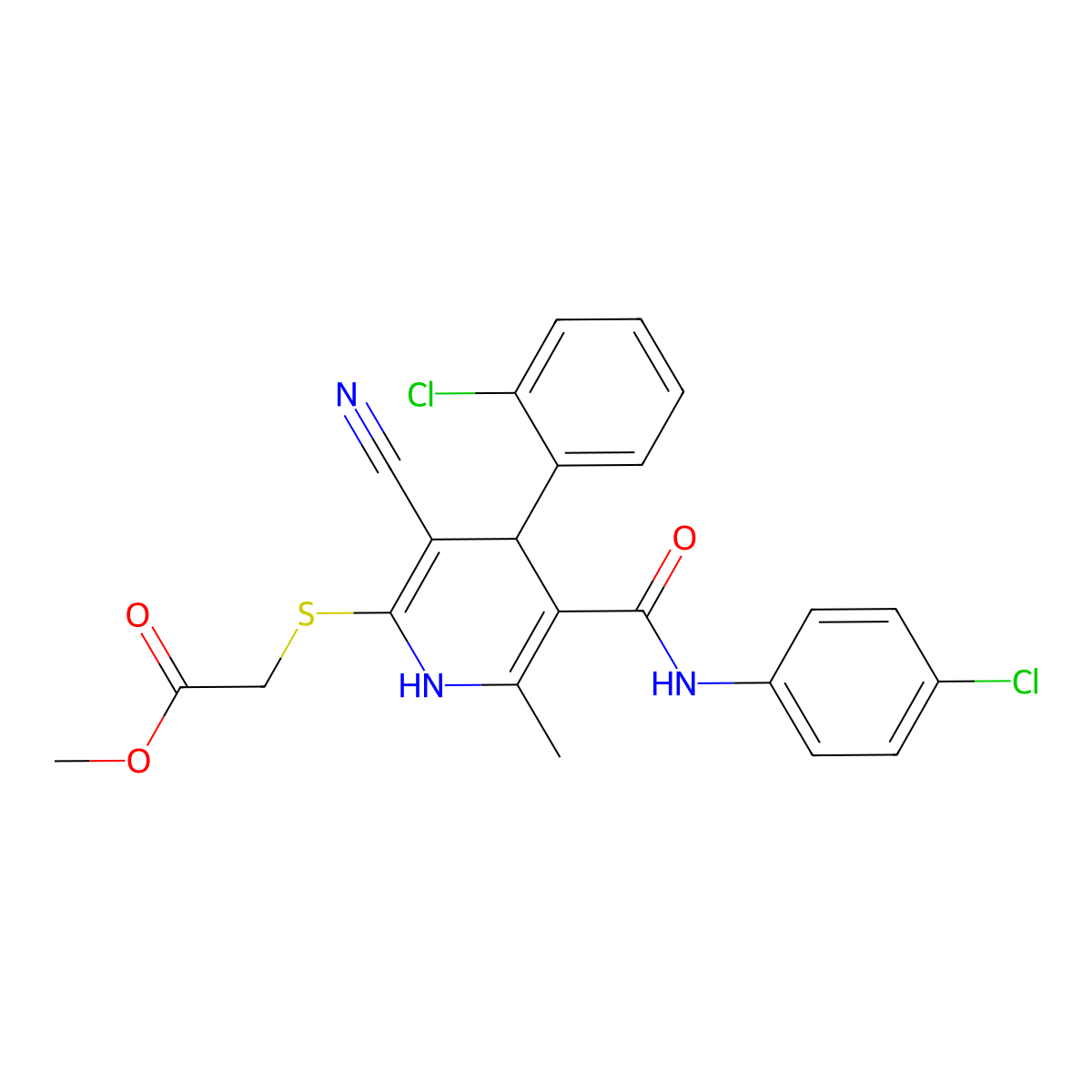 Methyl 2-{[4-(2-chlorophenyl)-5-[(4-chlorophenyl)carbamoyl]-3-cyano-6-methyl-1,4-dihydropyridin-2-YL]sulfanyl}acetate molecular structure, CAS 332051-94-2