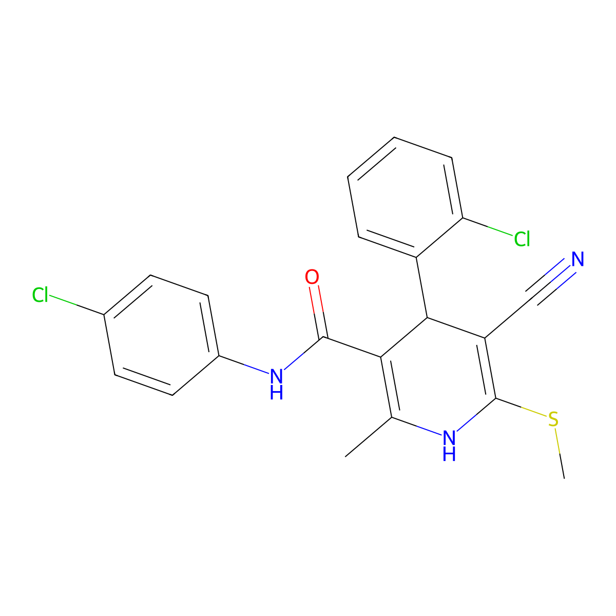 4-(2-chlorophenyl)-N-(4-chlorophenyl)-5-cyano-2-methyl-6-methylsulfanyl-1,4-dihydropyridine-3-carboxamide molecular structure, CAS 332051-95-3