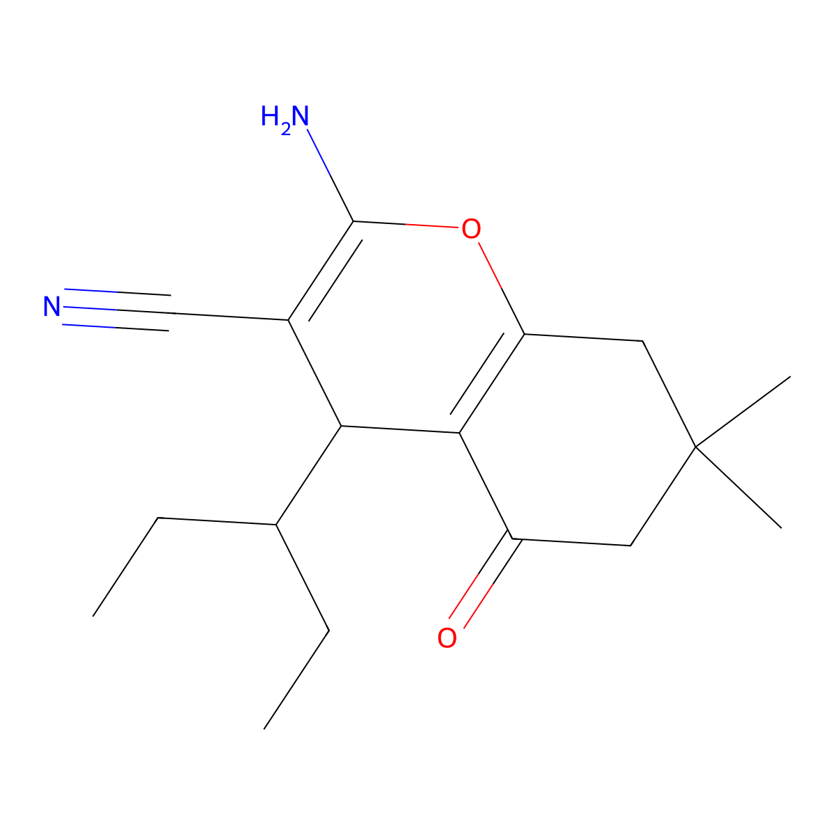 2-amino-7,7-dimethyl-5-oxo-4-(pentan-3-yl)-5,6,7,8-tetrahydro-4H-chromene-3-carbonitrile molecular structure, CAS 332052-08-1