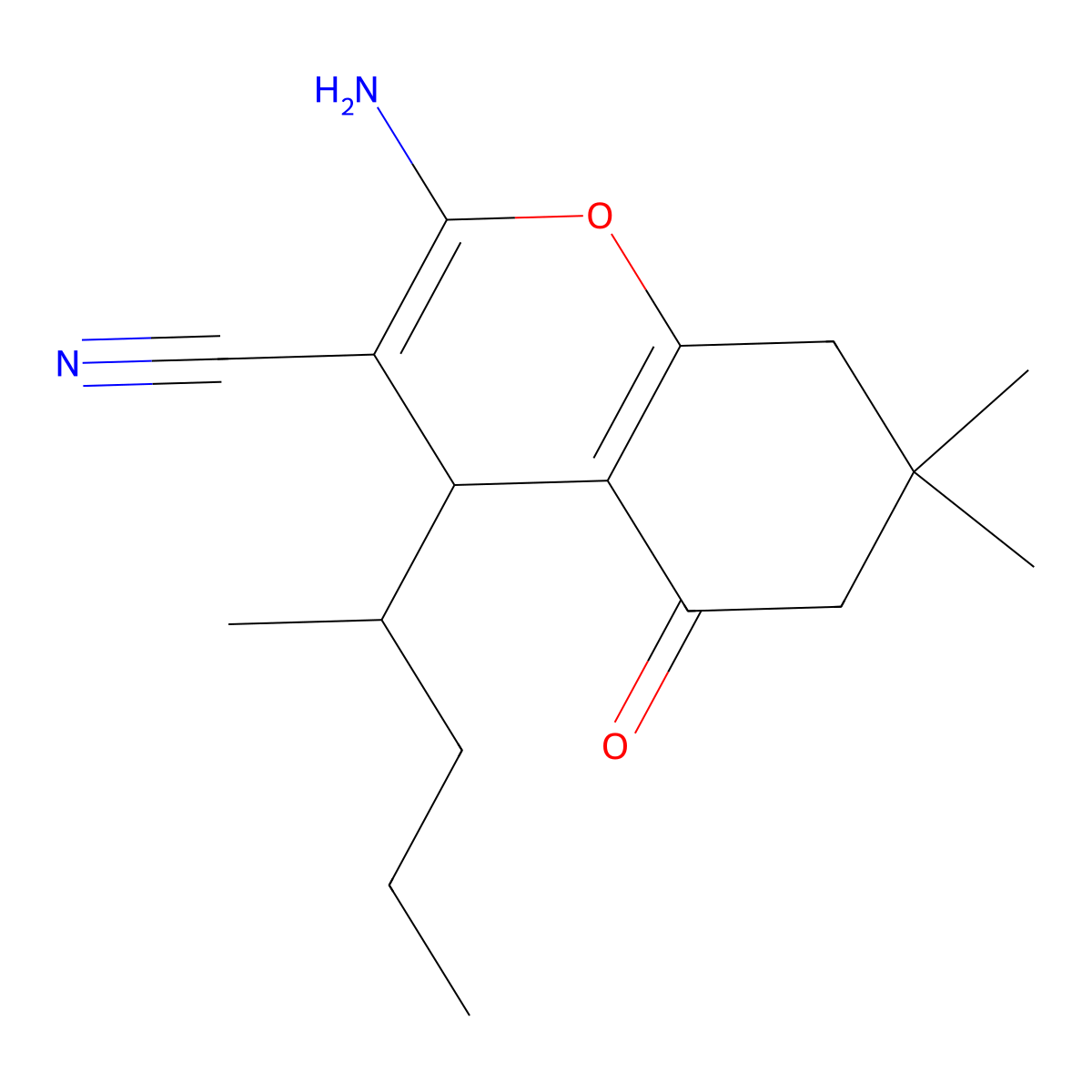 2-amino-7,7-dimethyl-5-oxo-4-(pentan-2-yl)-5,6,7,8-tetrahydro-4H-chromene-3-carbonitrile molecular structure, CAS 332052-10-5