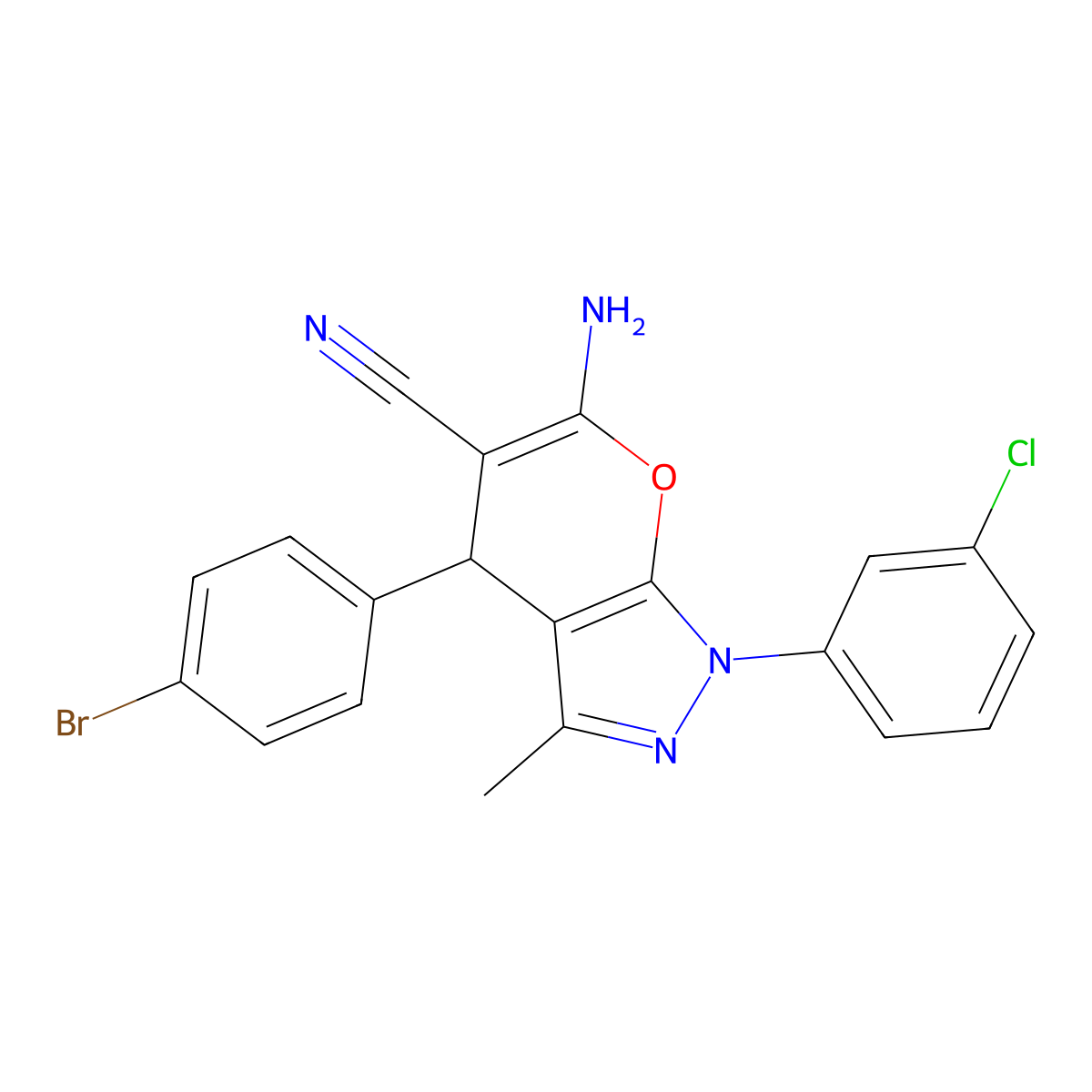 6-Amino-4-(4-bromophenyl)-1-(3-chlorophenyl)-3-methyl-1,4-dihydropyrano[2,3-C]pyrazole-5-carbonitrile molecular structure, CAS 332052-35-4