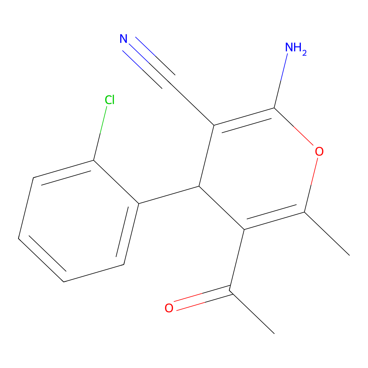 5-acetyl-2-amino-4-(2-chlorophenyl)-6-methyl-4H-pyran-3-carbonitrile molecular structure, CAS 332052-50-3