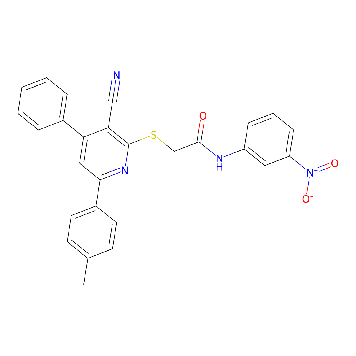 2-((3-Cyano-4-phenyl-6-(p-tolyl)pyridin-2-yl)thio)-N-(3-nitrophenyl)acetamide molecular structure, CAS 332053-22-2