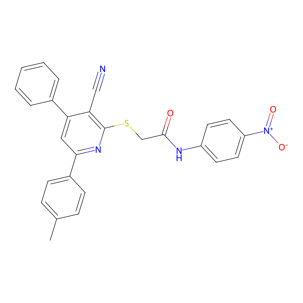 2-((3-Cyano-4-phenyl-6-(p-tolyl)pyridin-2-yl)thio)-N-(4-nitrophenyl)acetamide molecular structure, CAS 332053-23-3