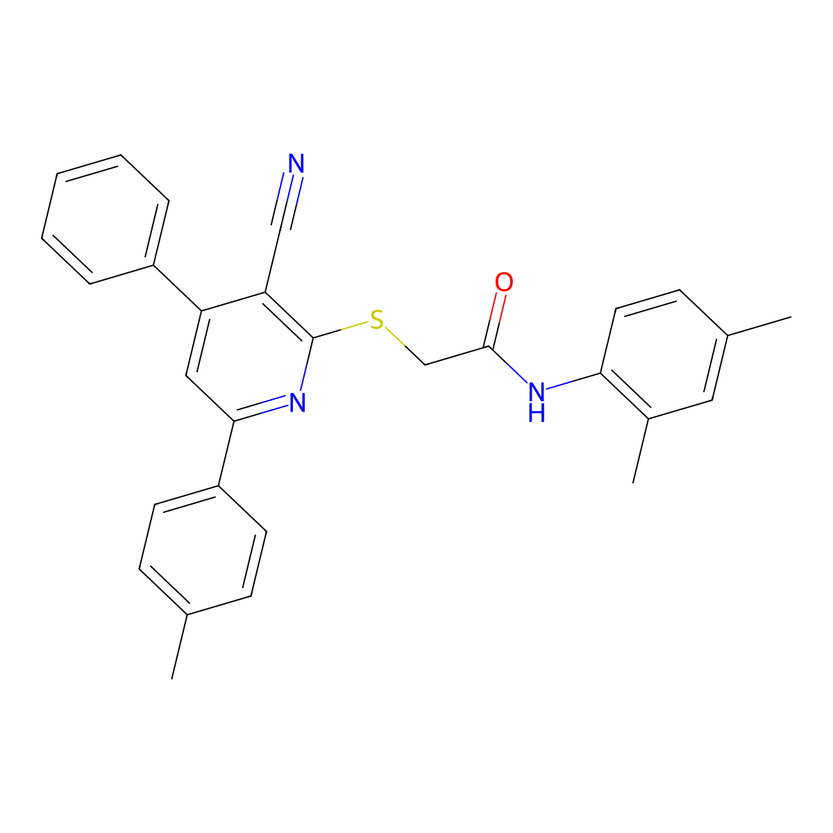 2-((3-Cyano-4-phenyl-6-(p-tolyl)pyridin-2-yl)thio)-N-(2,4-dimethylphenyl)acetamide molecular structure, CAS 332053-26-6